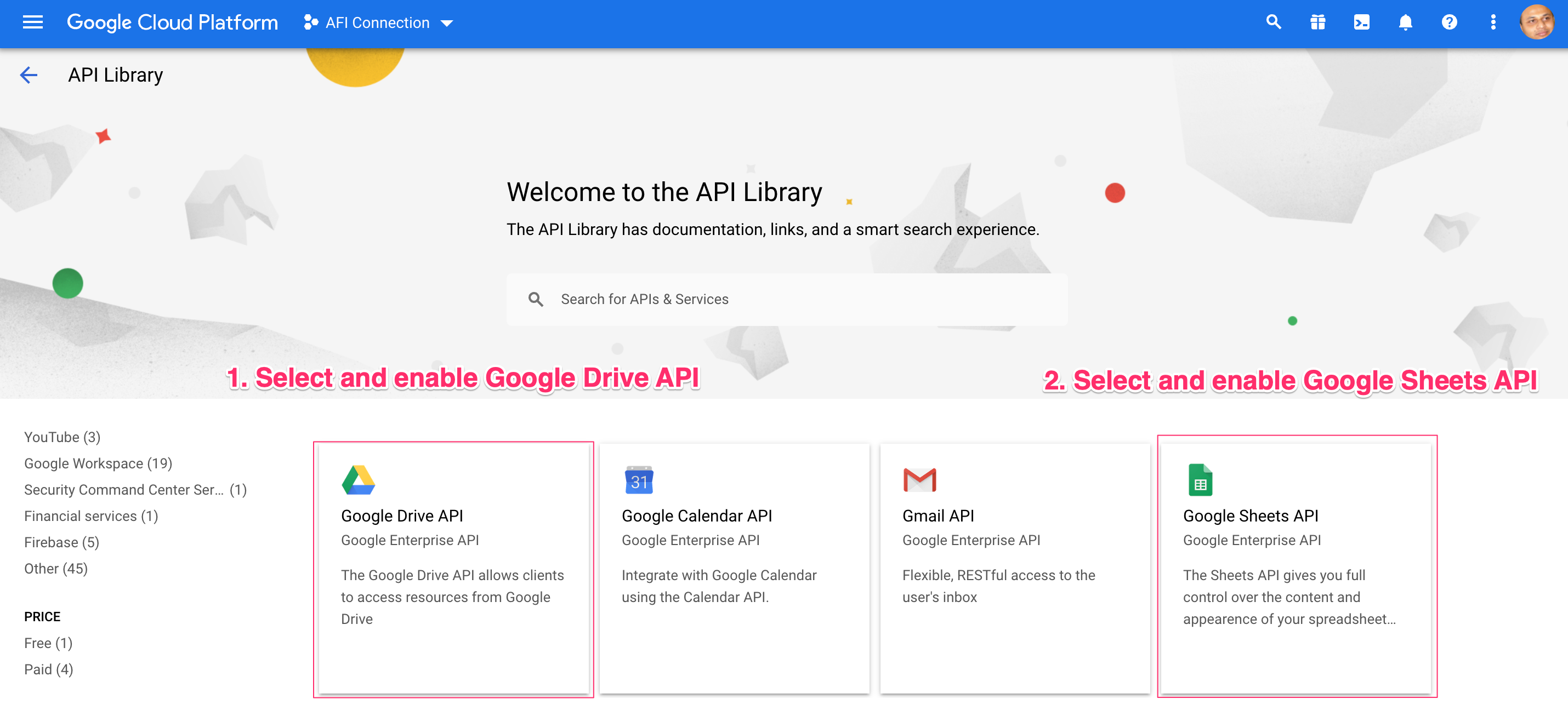 google api - enable google drive and google sheets api