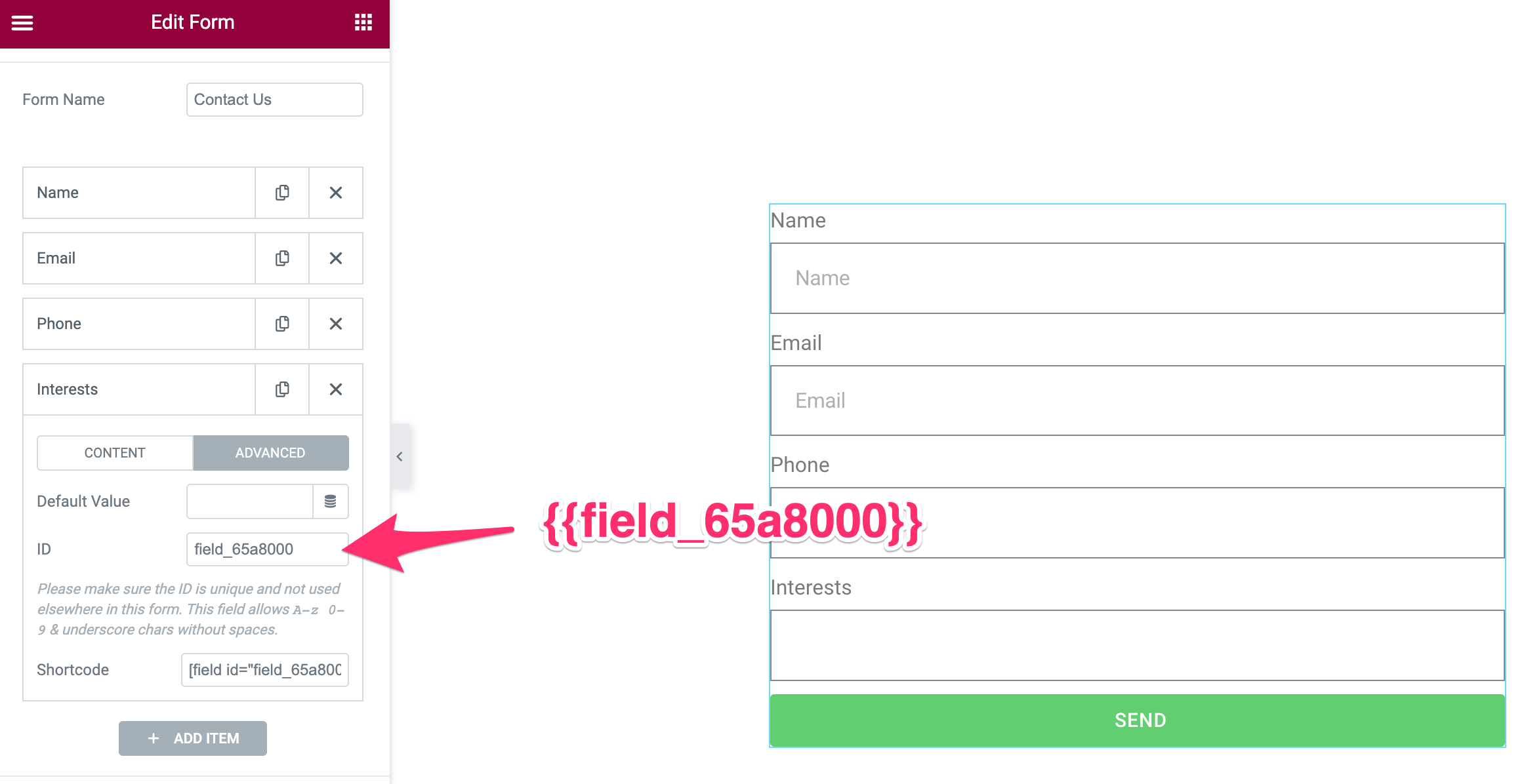 elementor form field id