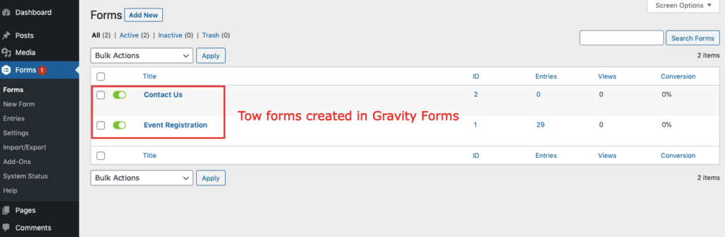 gravity forms - form list