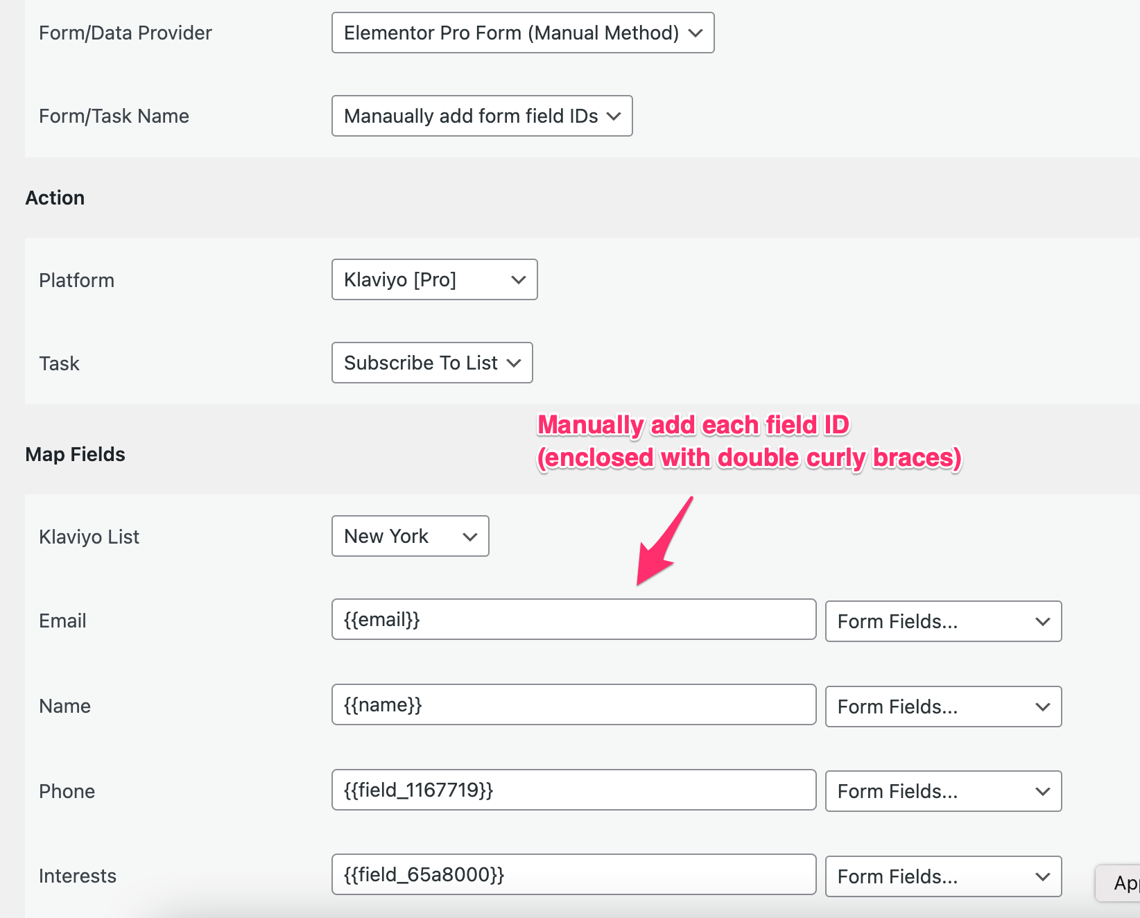 elementor form - manually add each field id