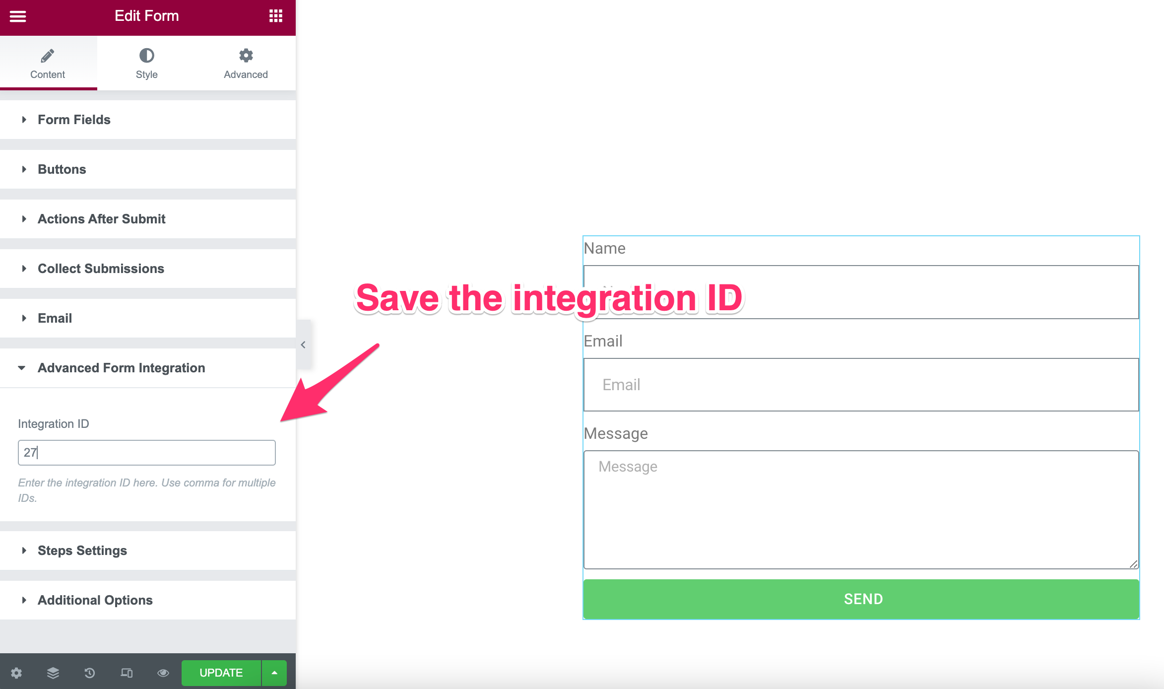elementor - save integration id