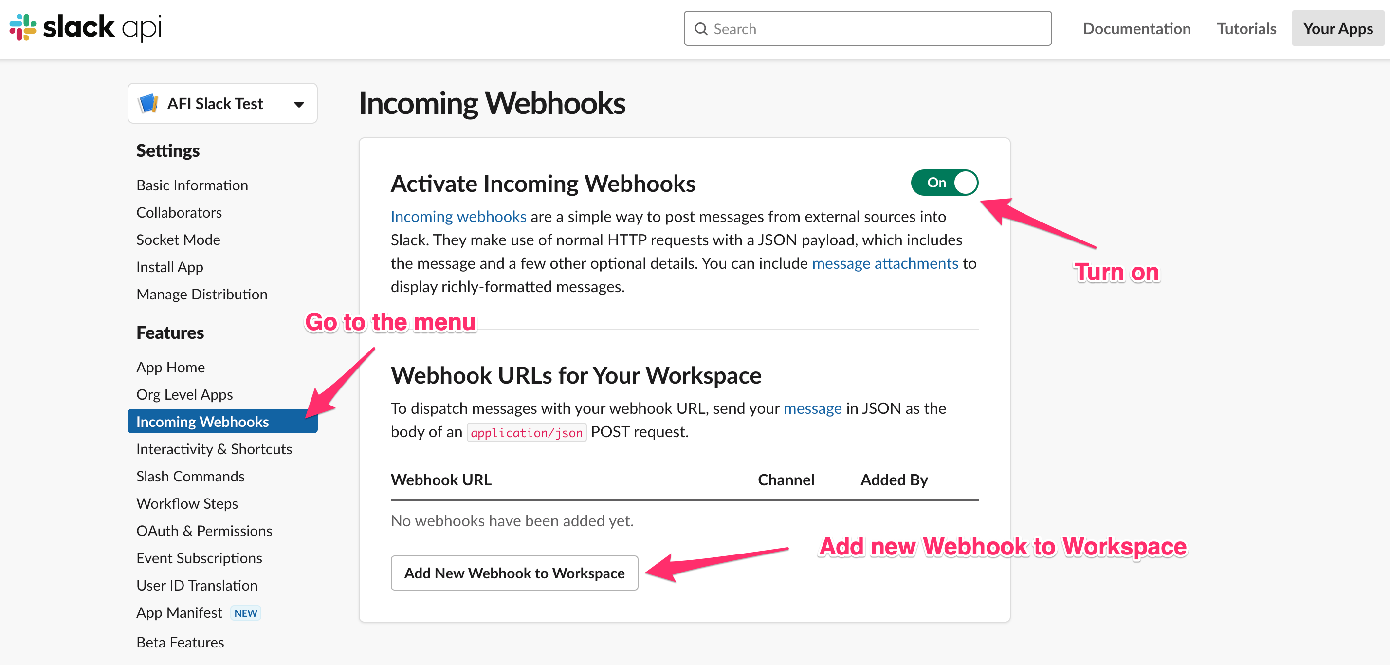 Slack app -Add webhook to workspace