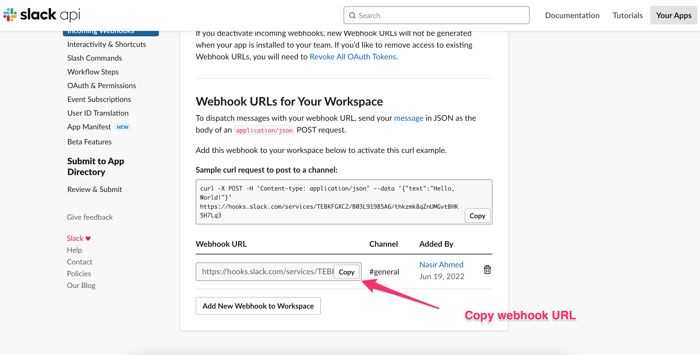 copy incoming webhook URL