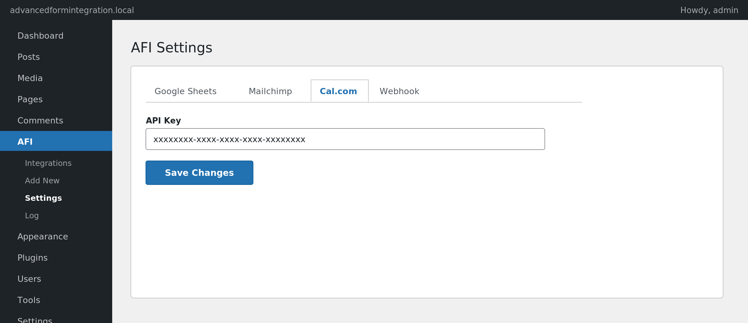AFI Settings, Cal.com tab, with the API Key field filled in and the account saved in the accounts table