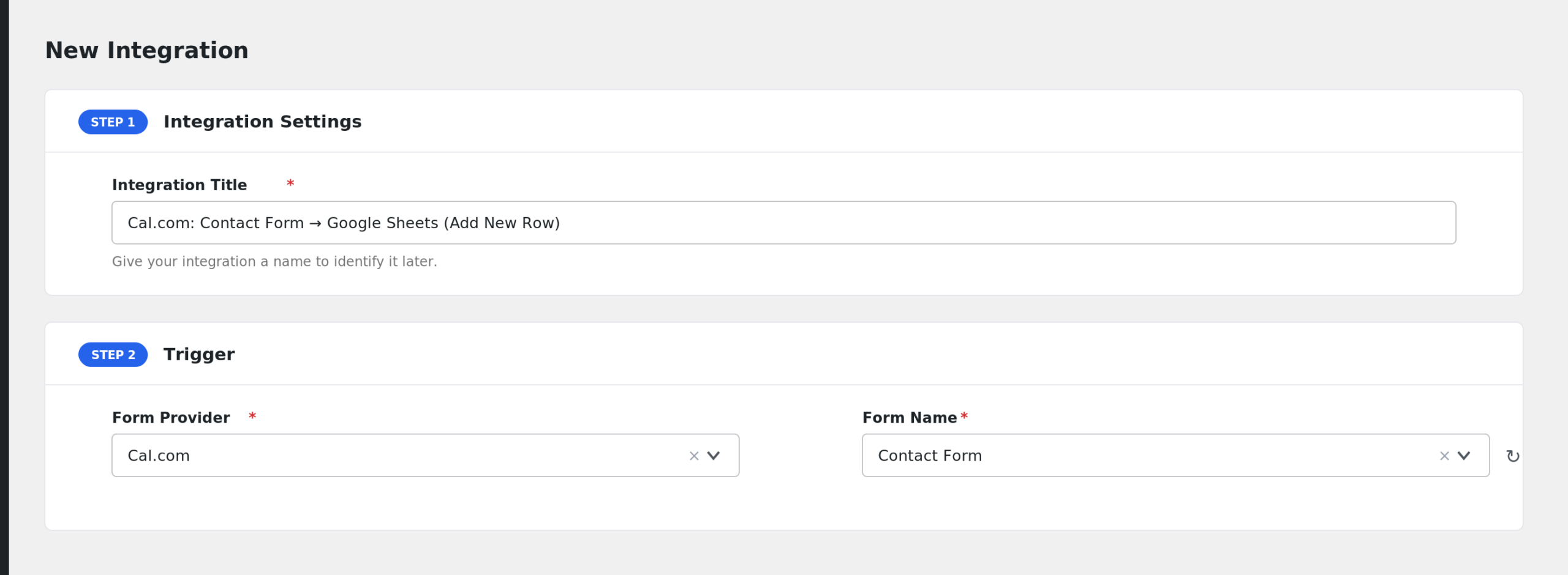 AFI integration editor showing the Cal.com action with the Event Type dropdown and mapped fields
