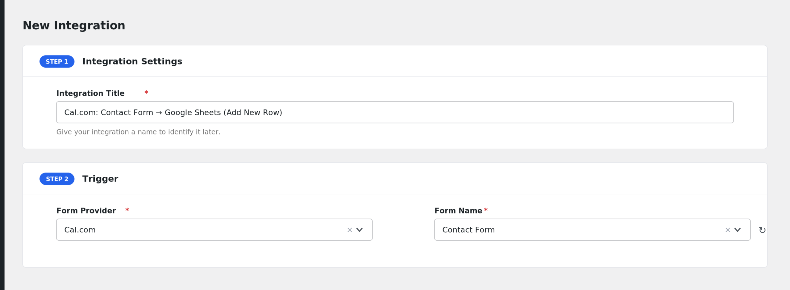 AFI integration editor showing the Cal.com action with the Event Type dropdown and mapped fields