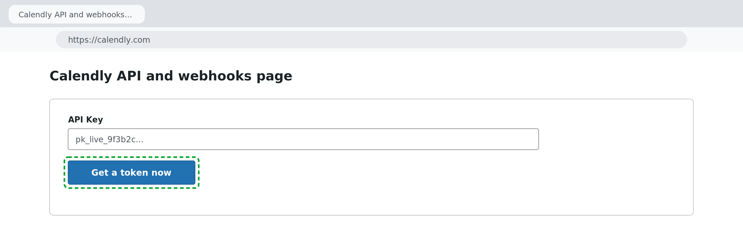 Calendly API and webhooks page showing the Personal Access Tokens section and the Get a token now button