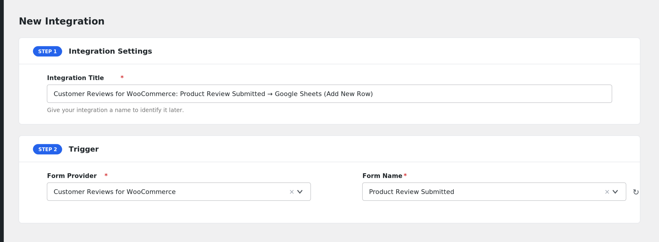 AFI Add New screen with Customer Reviews for WooCommerce selected in the Form Provider dropdown