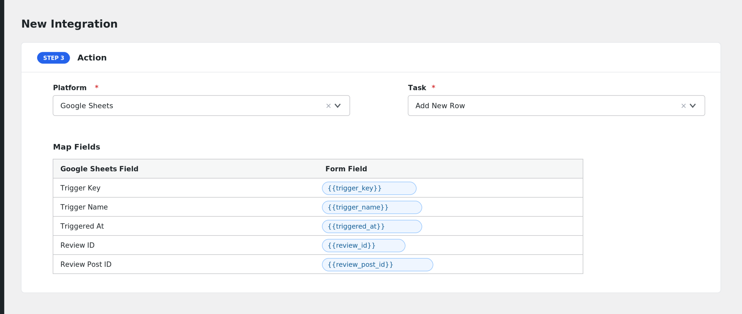 field mapping panel showing review fields mapped to Google Sheets columns