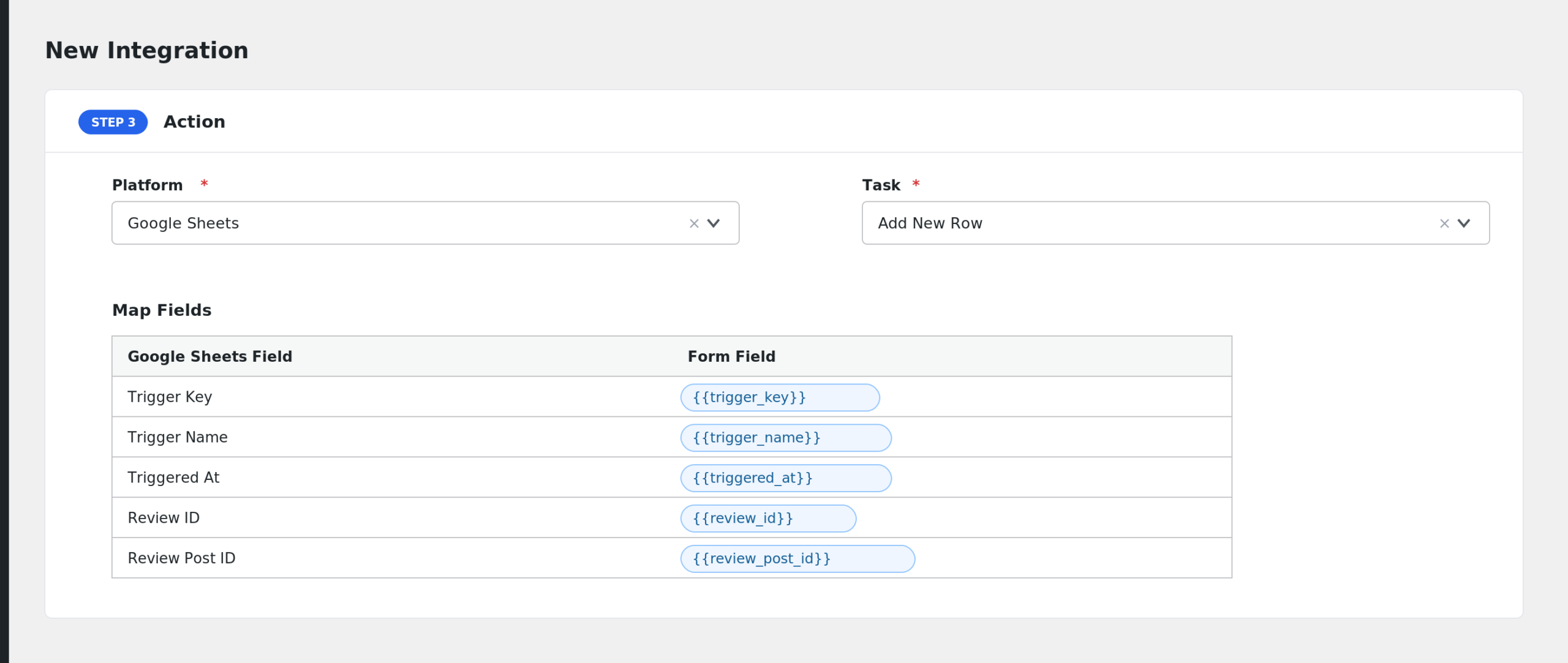 field mapping panel showing review fields mapped to Google Sheets columns