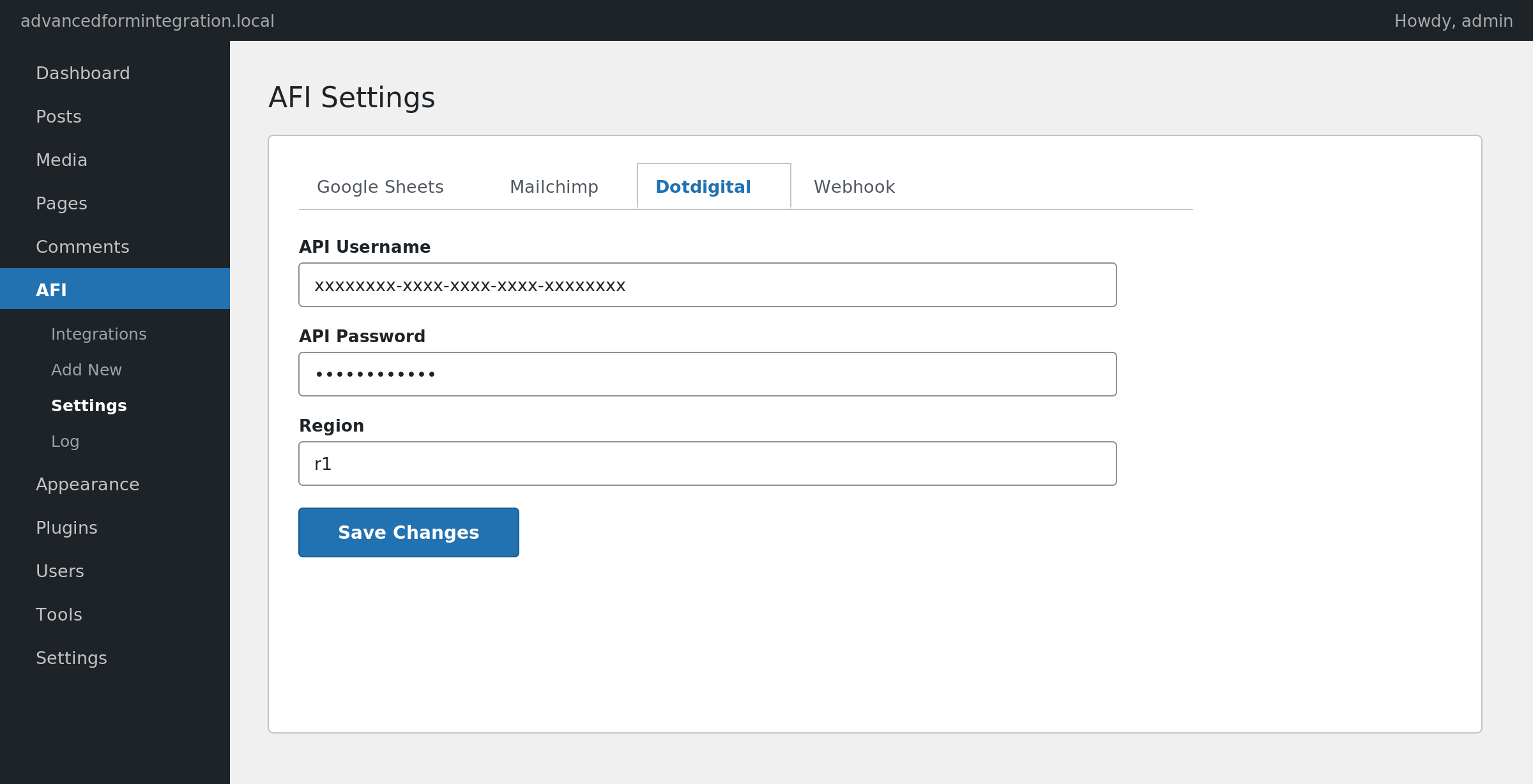 AFI Settings Dotdigital tab with API Username, API Password, and Region fields