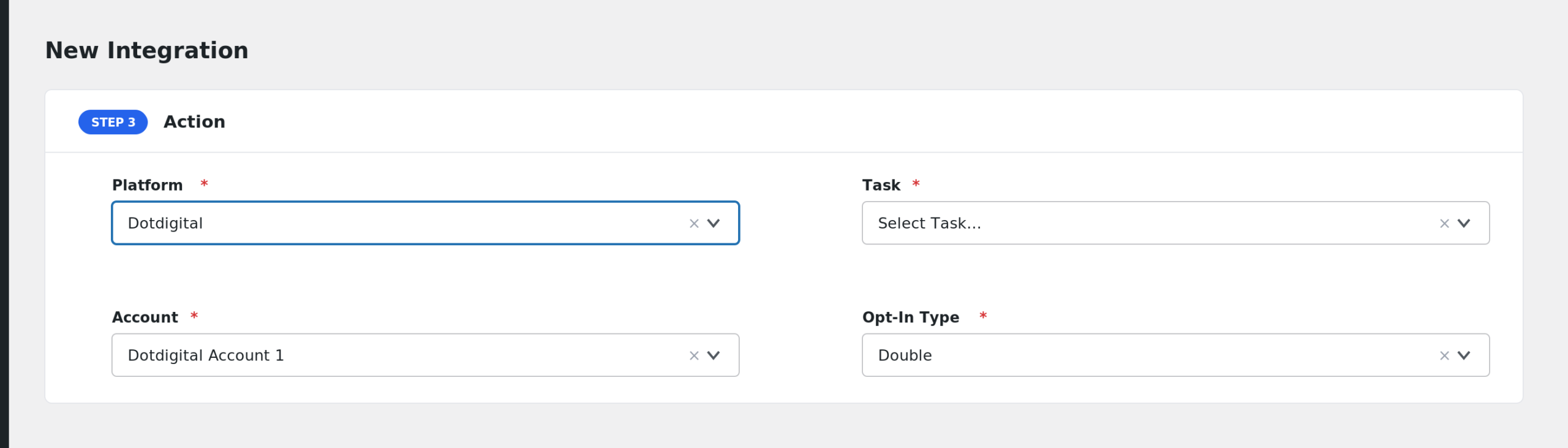 AFI action panel with Dotdigital selected, account and opt-in type dropdowns visible