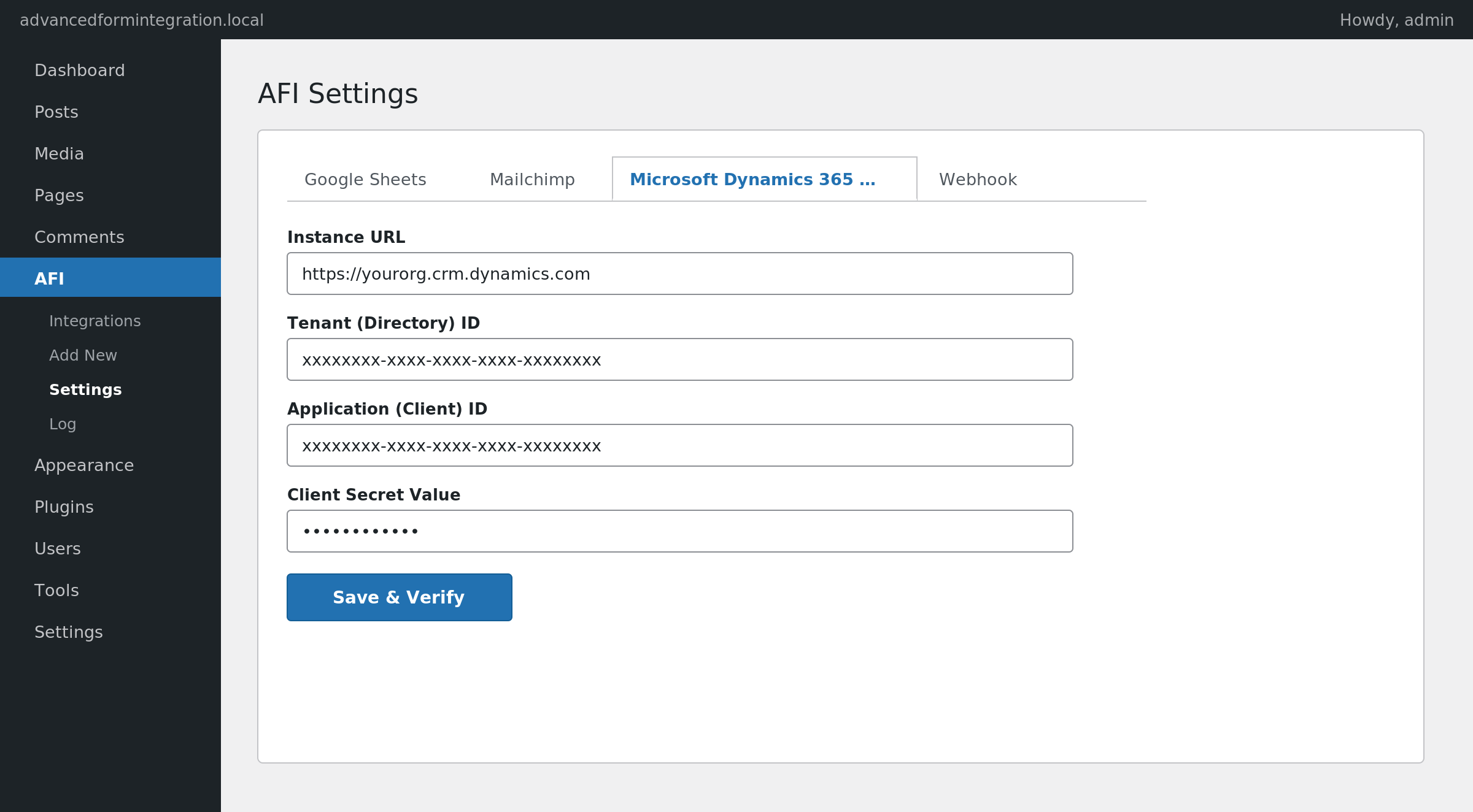AFI Settings Dynamics 365 CRM tab with the four connection fields and Save and Verify button