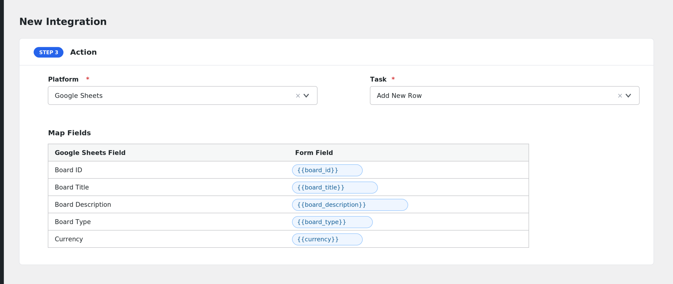field mapping panel showing Fluent Boards task fields mapped to Google Sheets columns