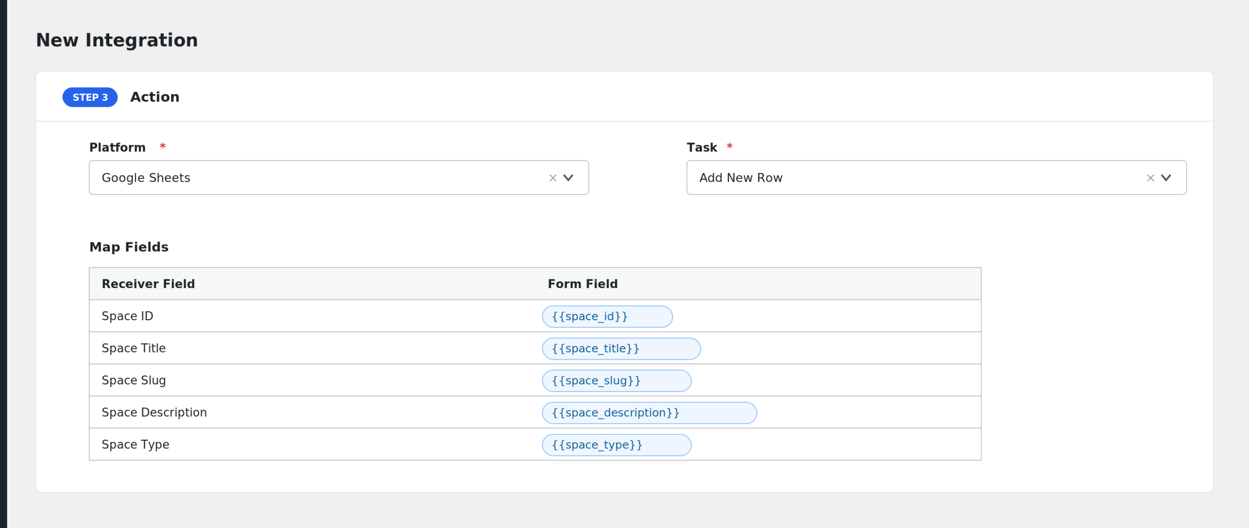 field mapping panel showing Fluent Community enrollment fields mapped to receiver fields