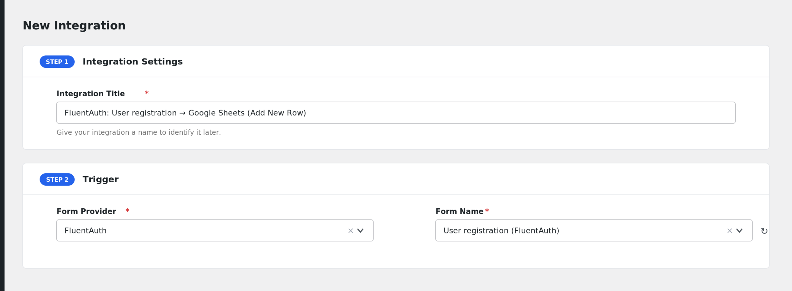AFI Add New screen with FluentAuth selected in the Form Provider dropdown