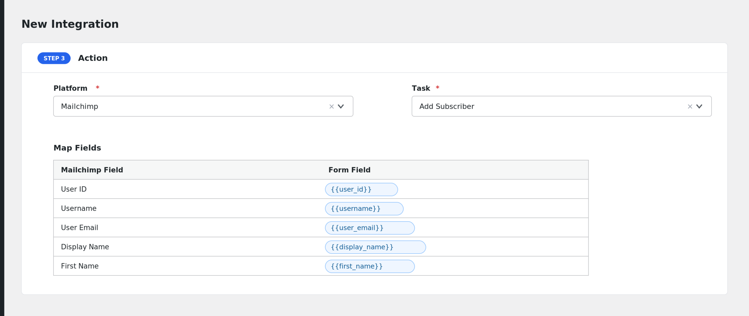 field mapping panel showing FluentAuth registration fields mapped to Mailchimp fields
