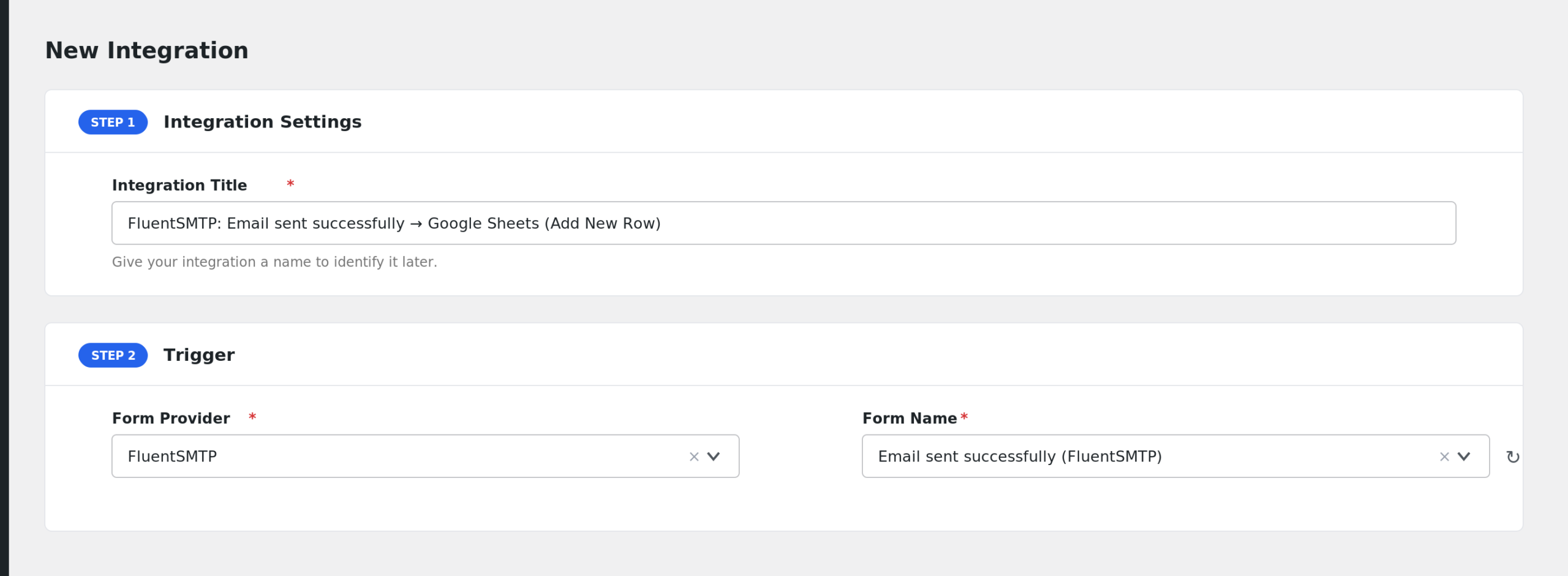 AFI Add New screen with FluentSMTP selected in the Form Provider dropdown