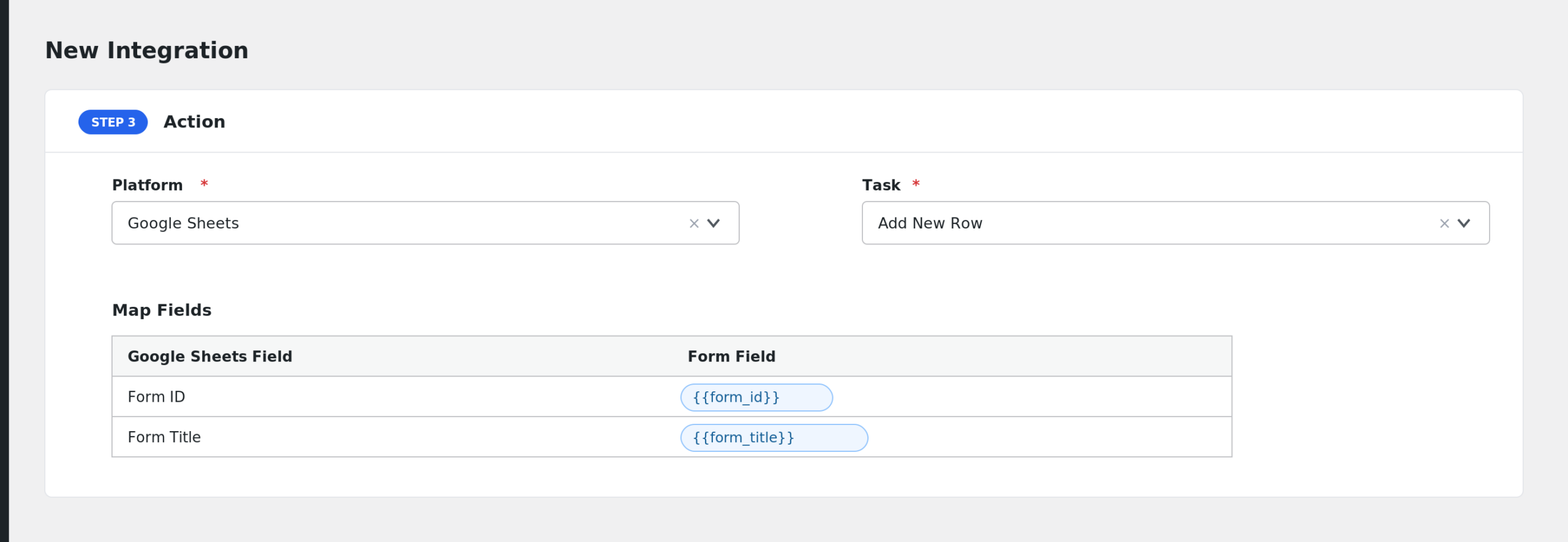 field mapping panel showing Form Maker fields mapped to Google Sheets columns