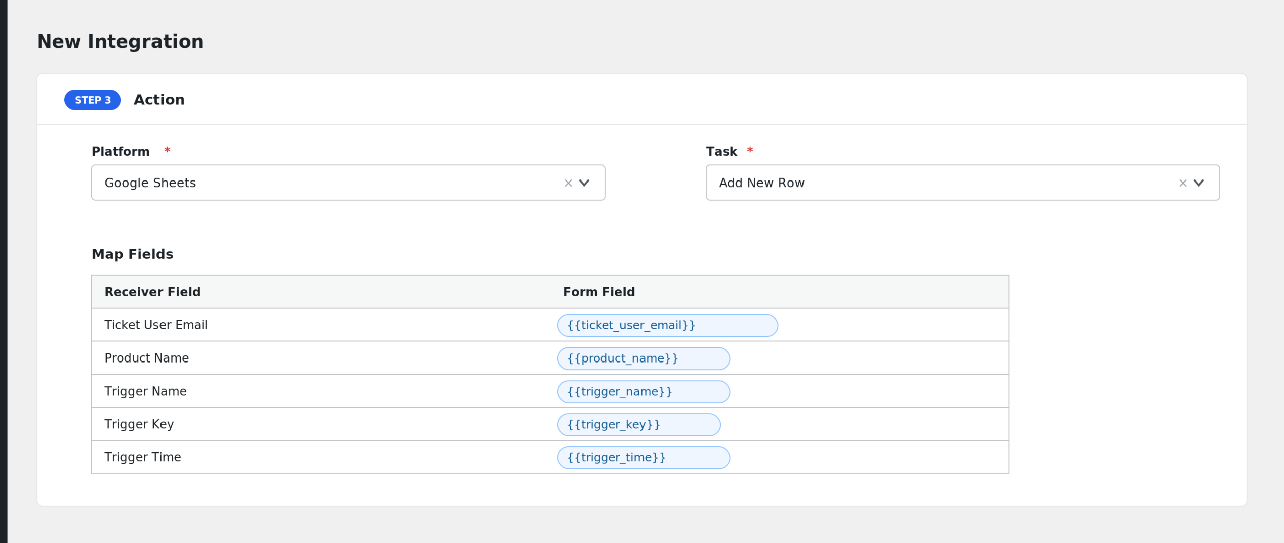 field mapping section showing fundraising fields such as Ticket User Email and Product Name