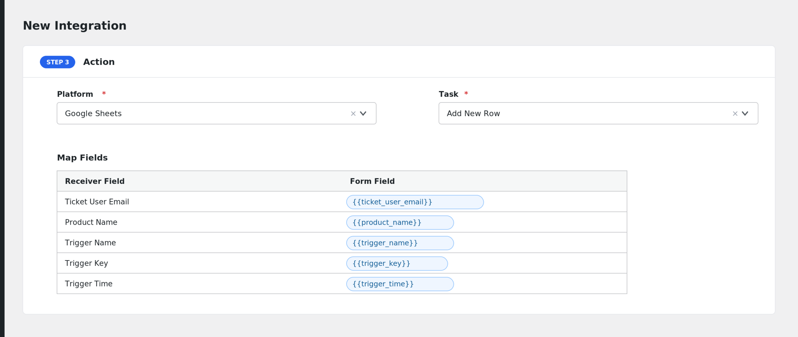 field mapping section showing fundraising fields such as Ticket User Email and Product Name