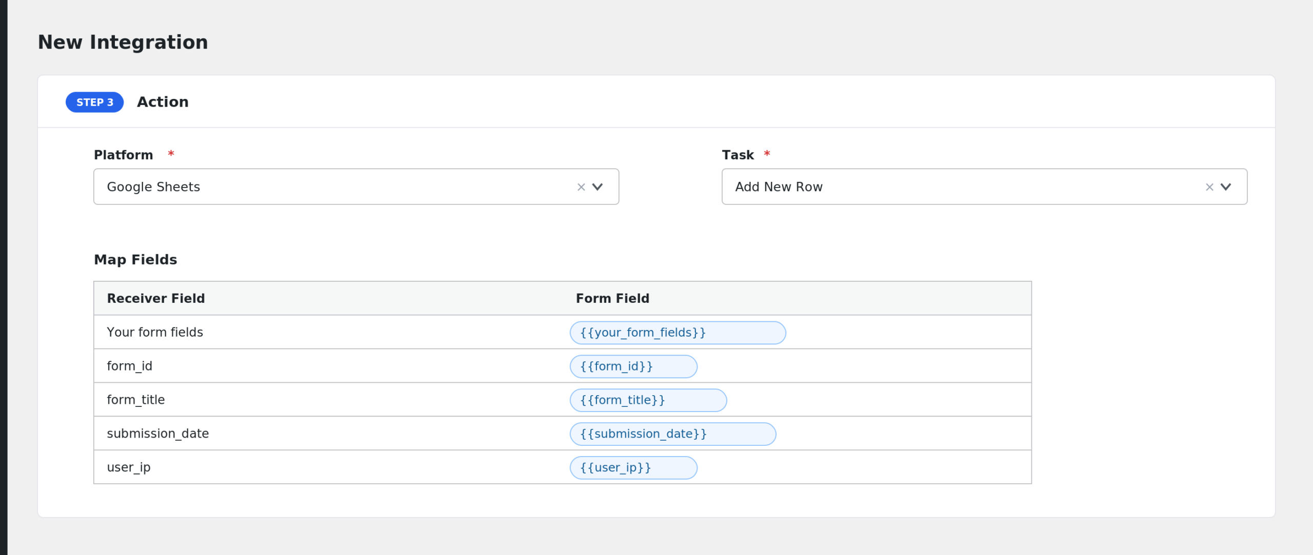 Field mapping showing Hash Form fields matched to receiver fields