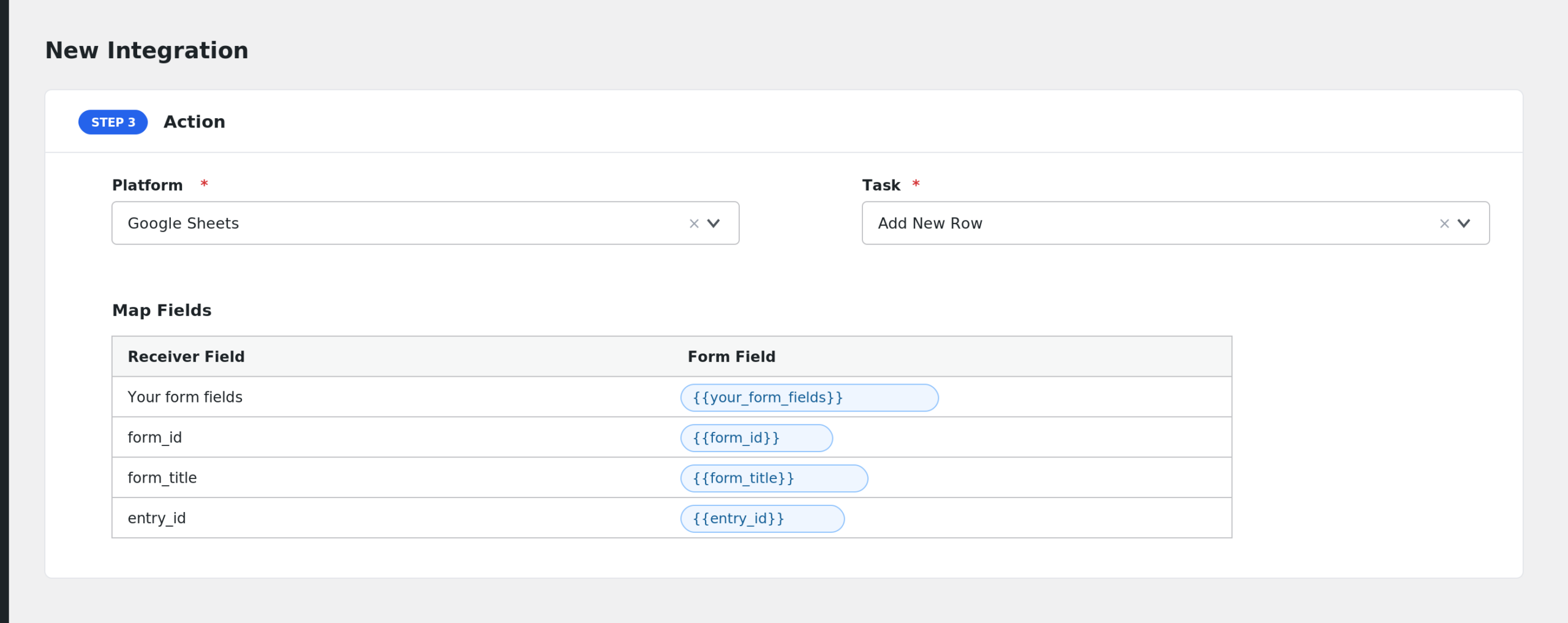 Field mapping showing Kali Forms fields matched to receiver fields