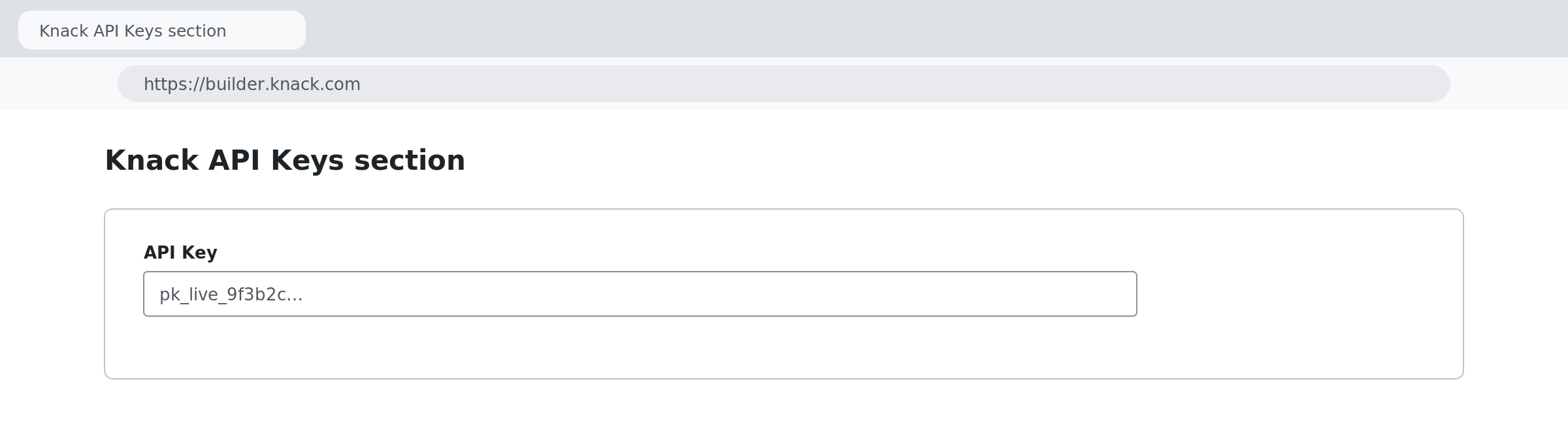 Knack API Keys section with a REST API key visible