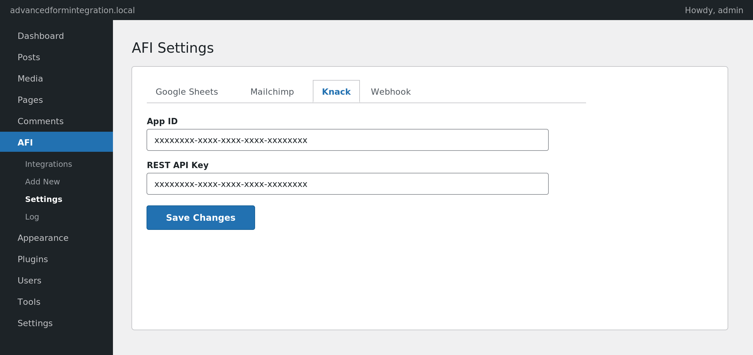 AFI Settings, Knack tab, with App ID and REST API Key fields filled in