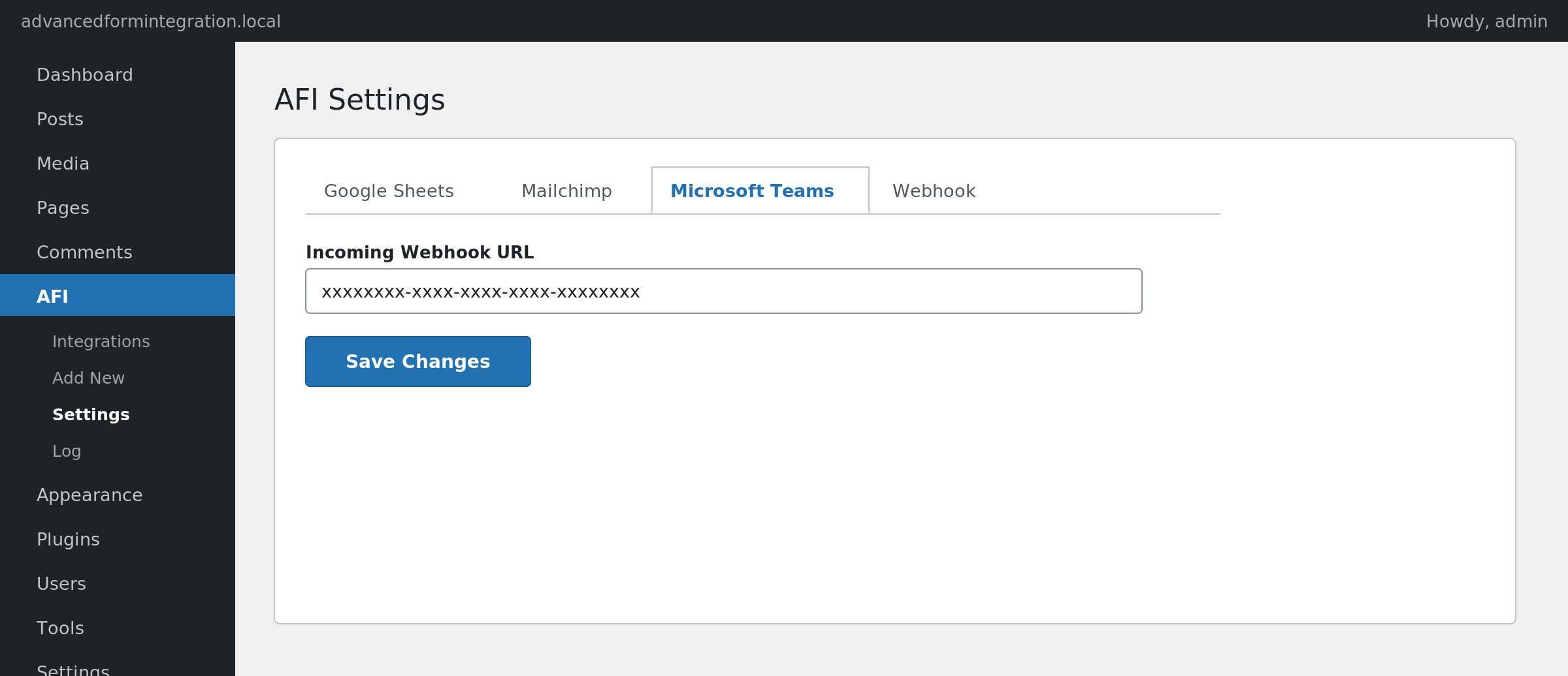 AFI Settings Microsoft Teams tab with the Incoming Webhook URL field