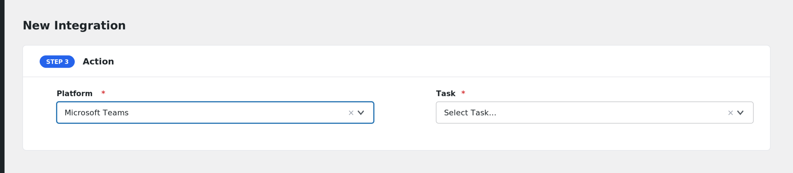 AFI action panel with Microsoft Teams selected and the Title and Message fields mapped