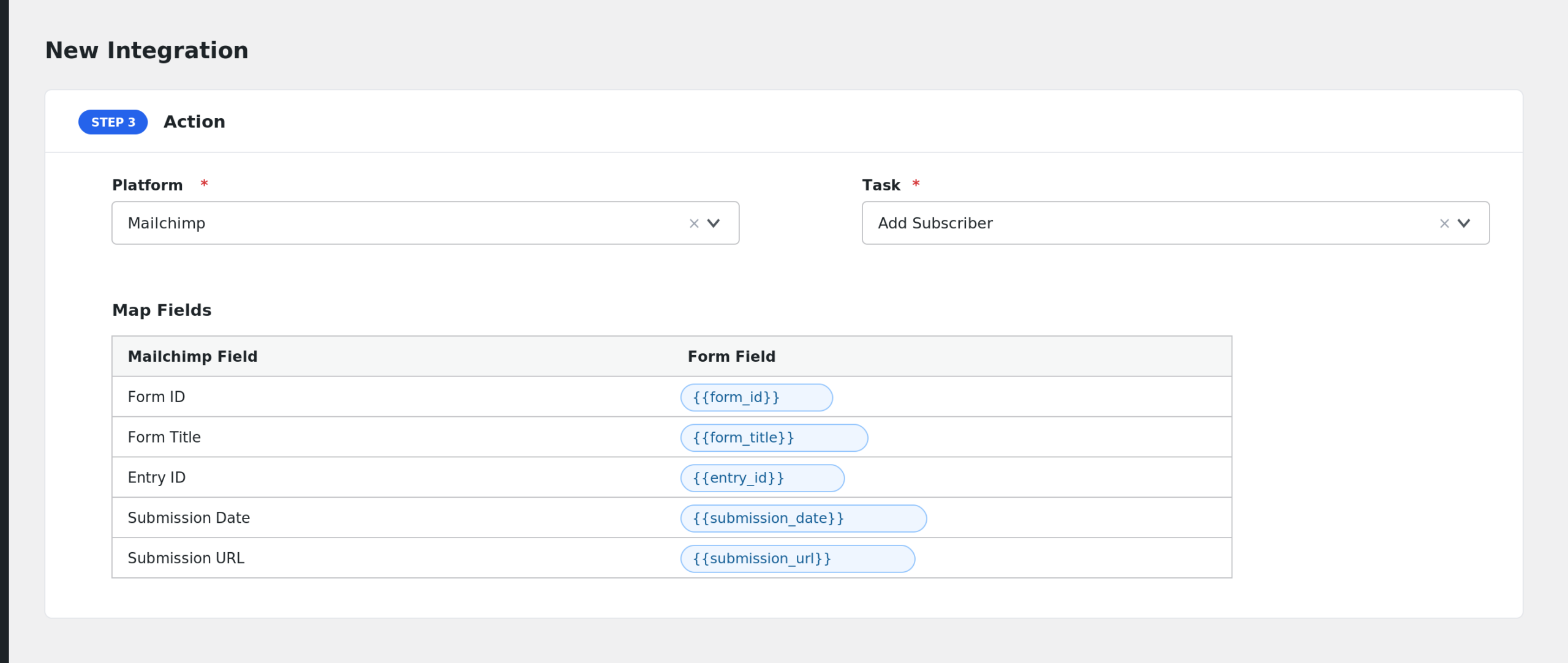 field mapping area showing NEX-Forms fields mapped to Mailchimp fields