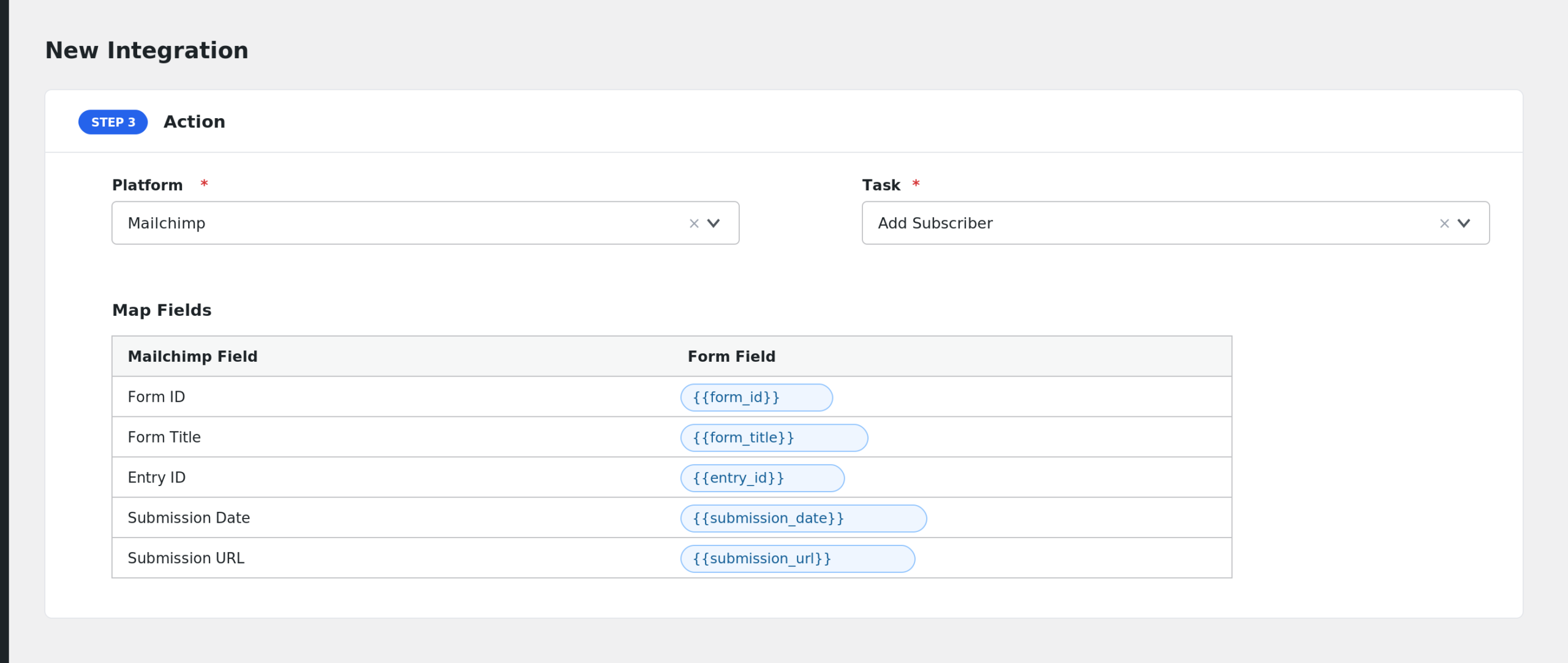 field mapping area showing NEX-Forms fields mapped to Mailchimp fields