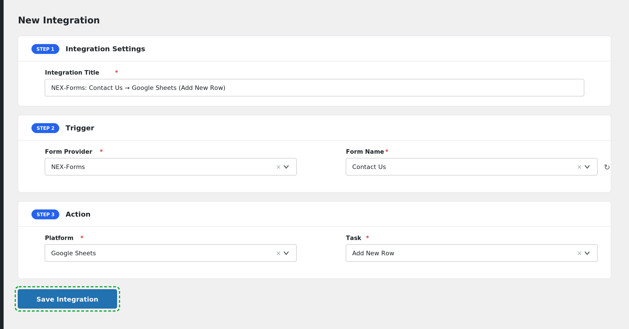 completed NEX-Forms integration with Save Integration button highlighted