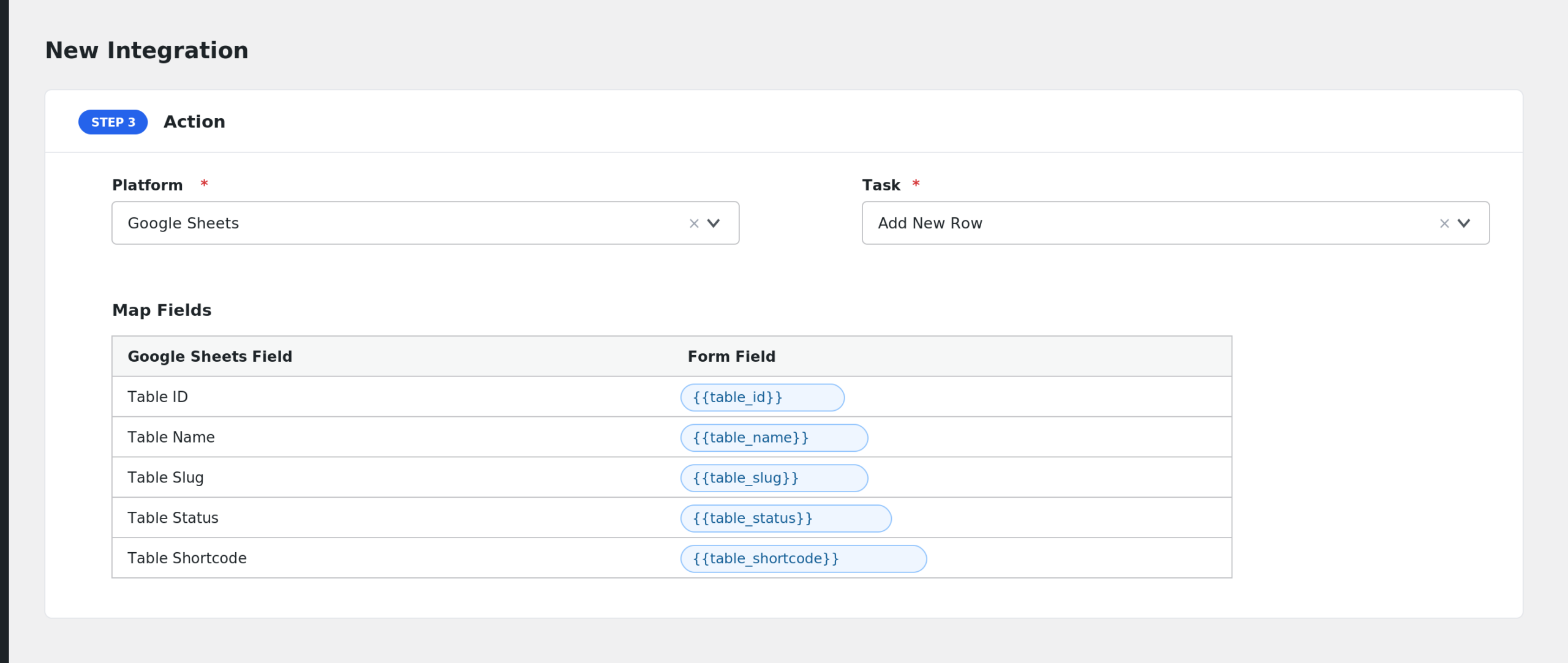 field mapping area showing Table Name and Row Values mapped to Google Sheets columns