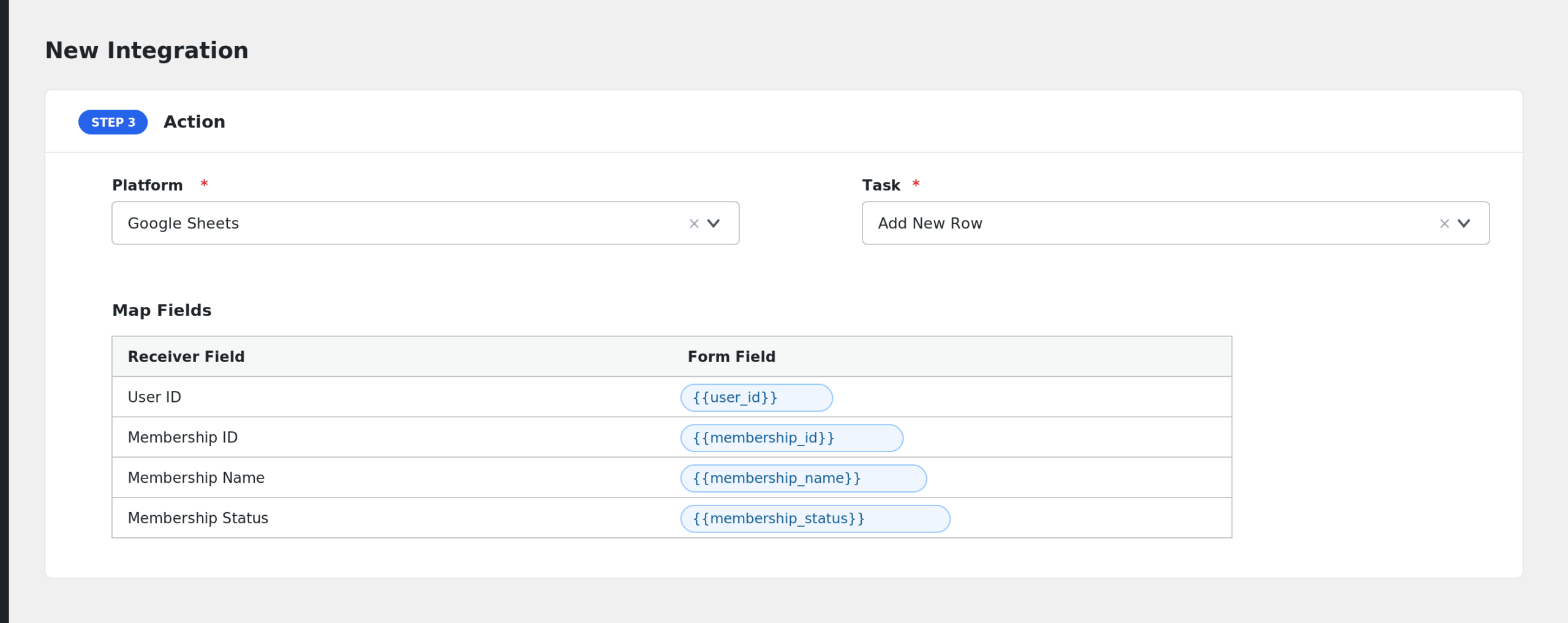 field mapping area showing Membership Name and Membership Status mapped to receiver fields