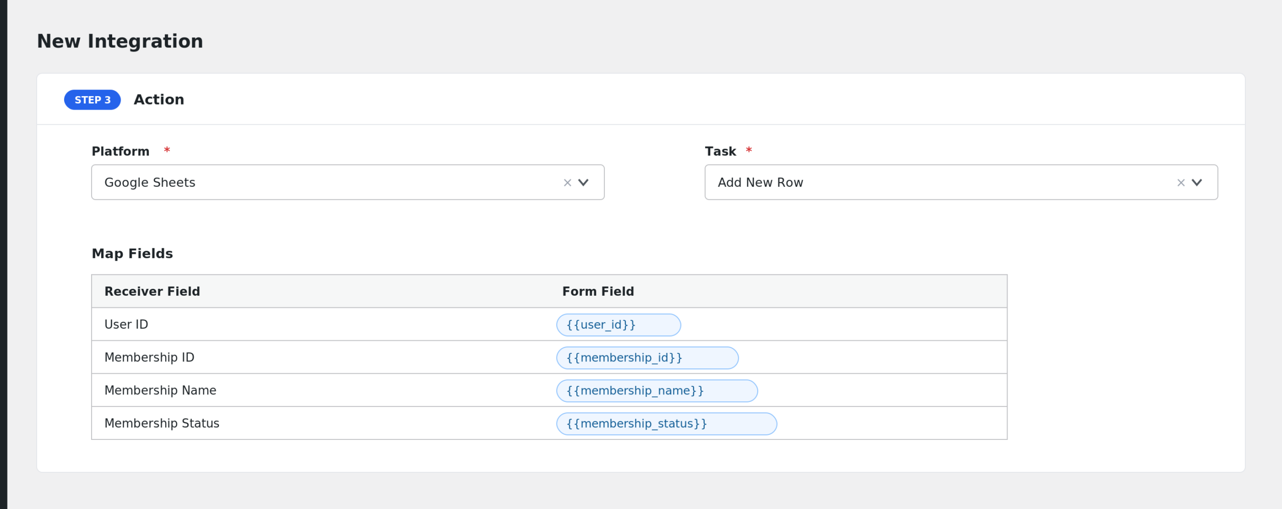 field mapping area showing Membership Name and Membership Status mapped to receiver fields
