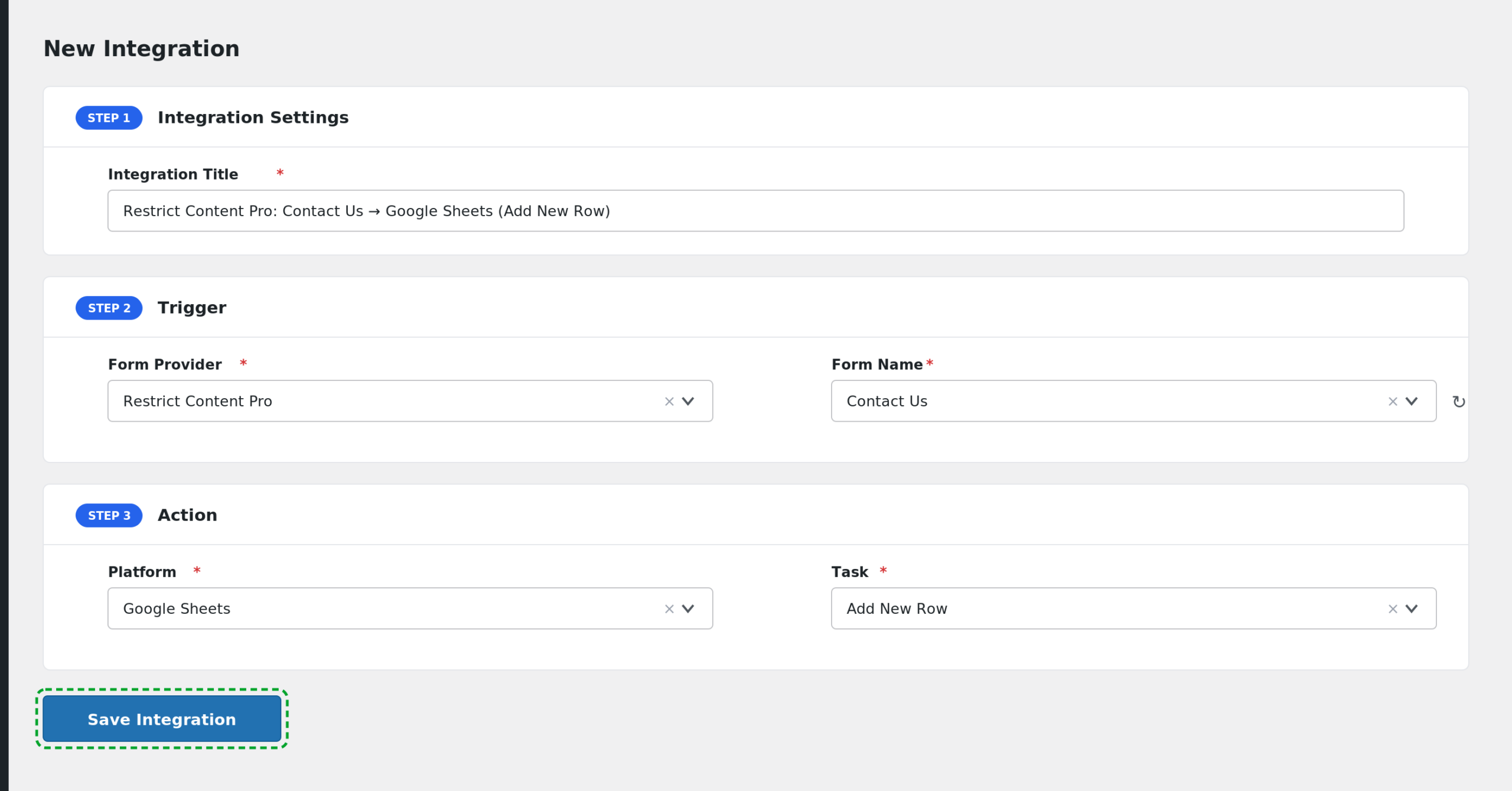 completed Restrict Content Pro integration with Save Integration button highlighted