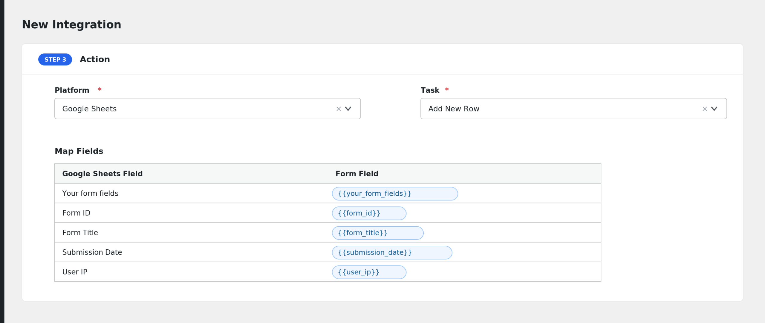 field mapping section showing RomeTheme form fields mapped to Google Sheets columns