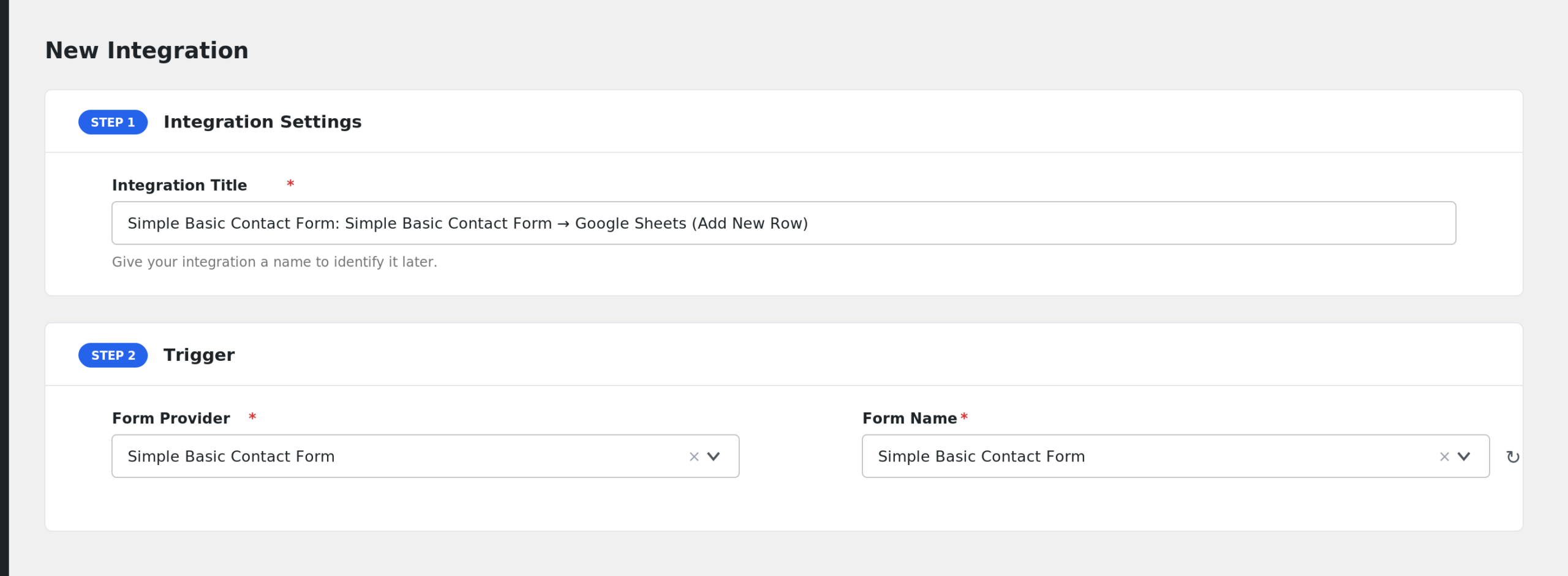 AFI Trigger section with Simple Basic Contact Form selected in both Form Provider and Form/Task Name