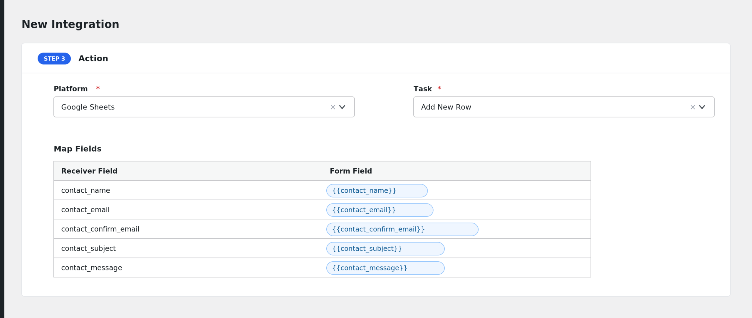 AFI field mapping screen with contact_name and contact_email mapped to receiver fields