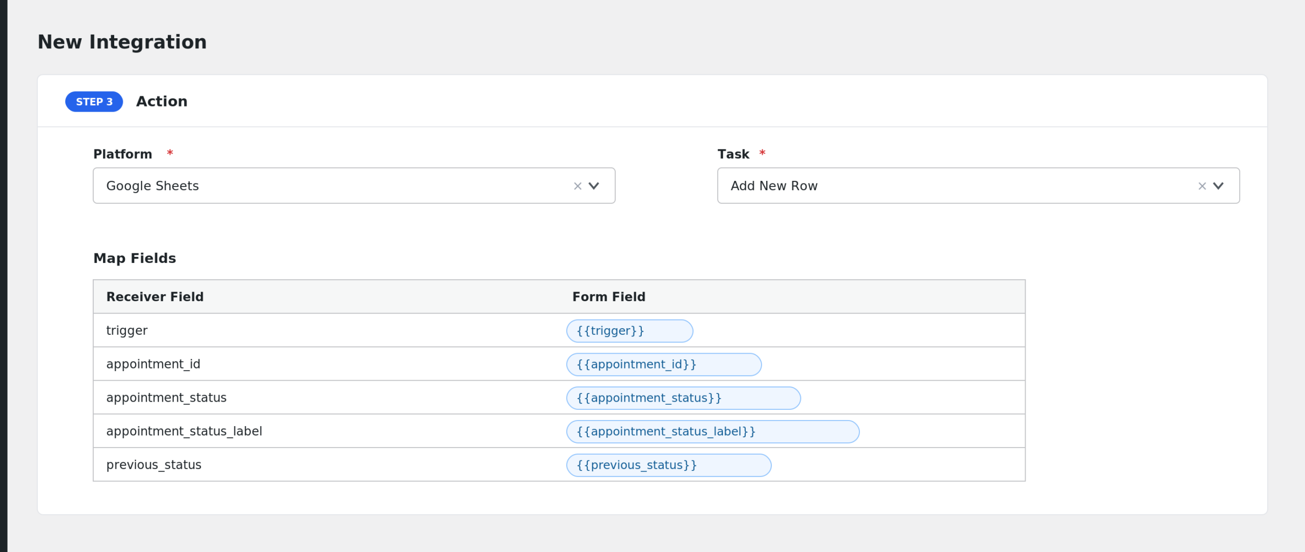 AFI field mapping screen showing SSA appointment fields mapped to spreadsheet columns