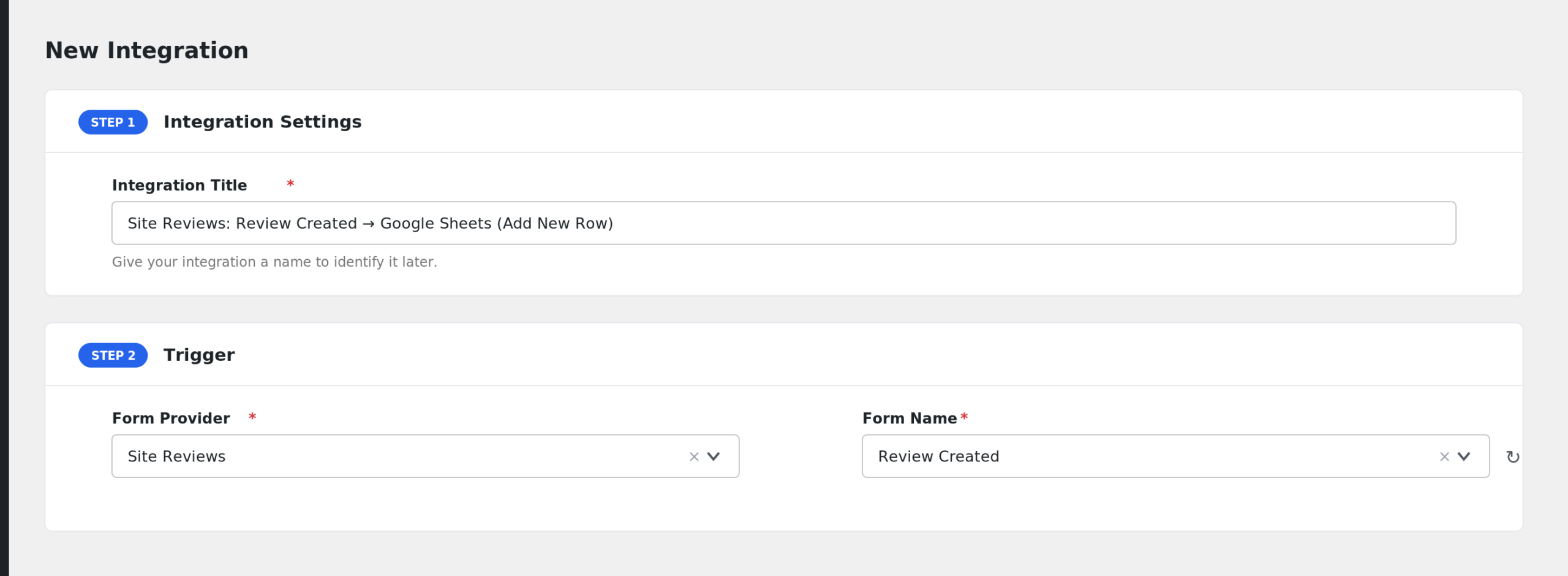 AFI Trigger section with Site Reviews selected as Form Provider and Review Created selected in Form/Task Name