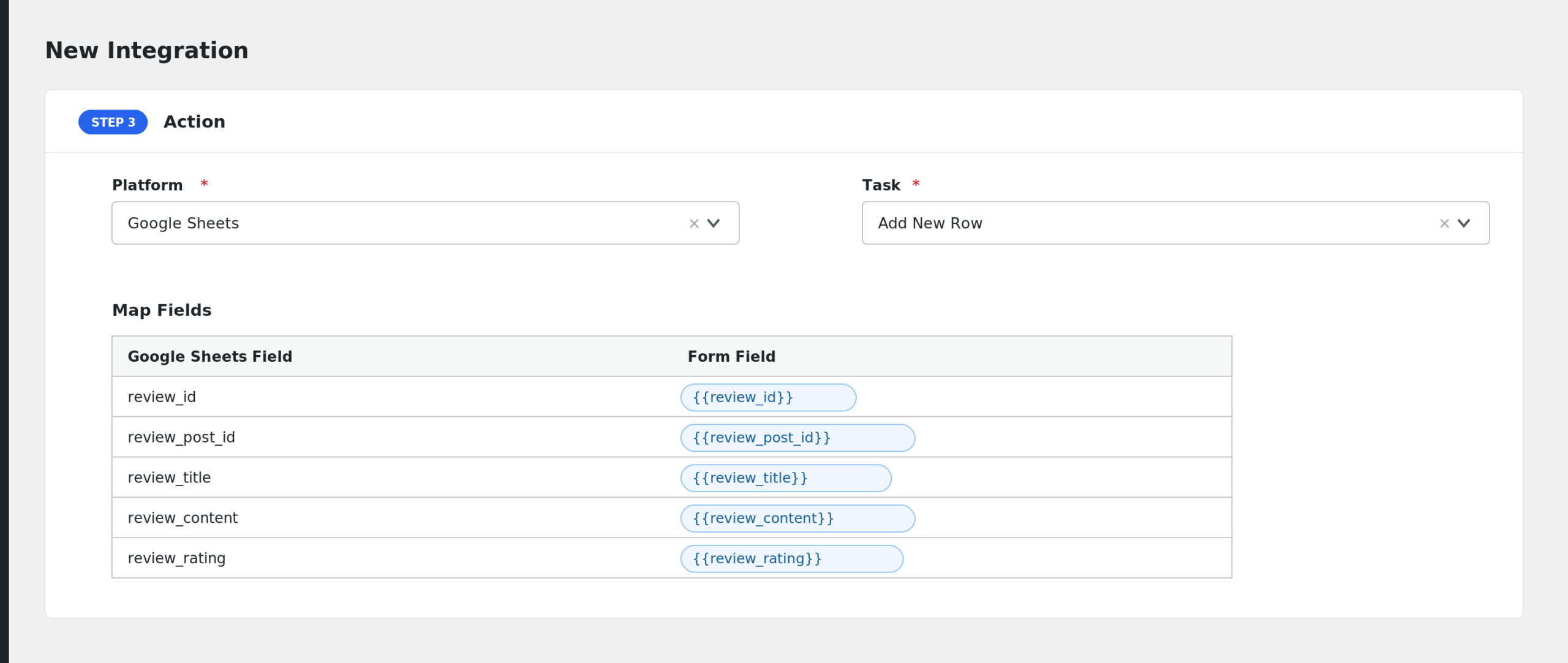 AFI field mapping screen showing Site Reviews fields mapped to Google Sheets columns