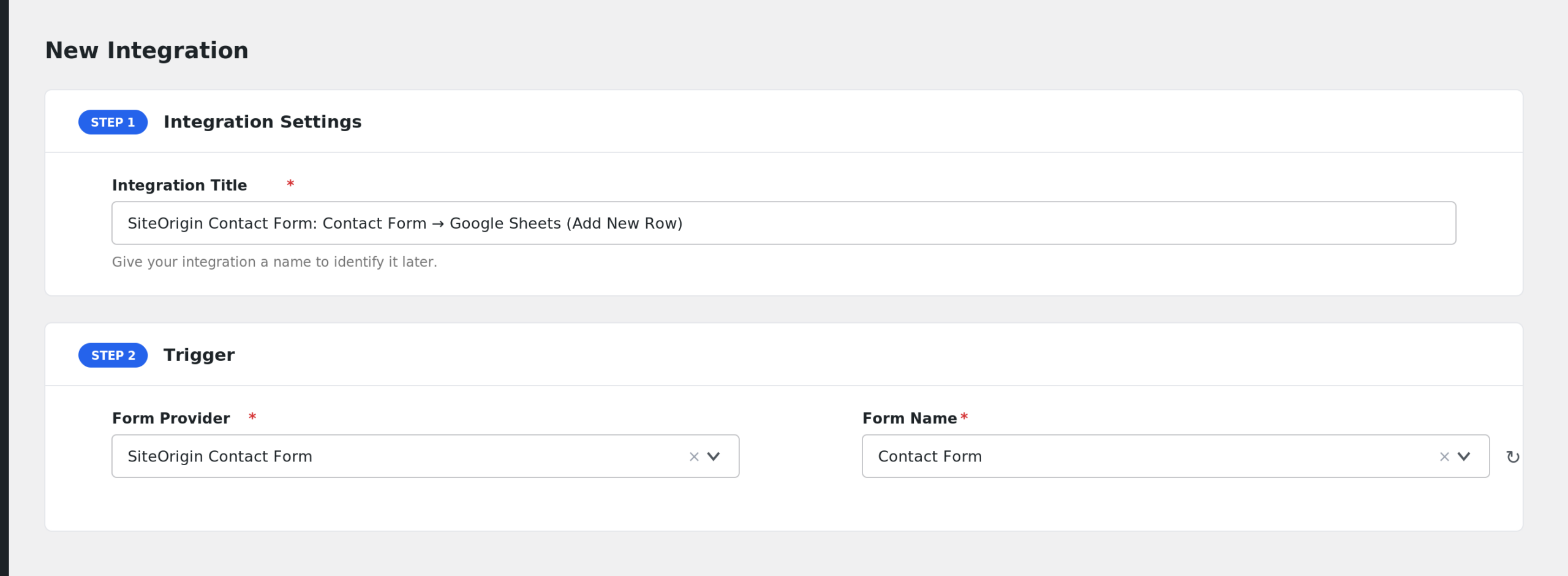 AFI New Integration screen with SiteOrigin Contact Form selected as Form Provider