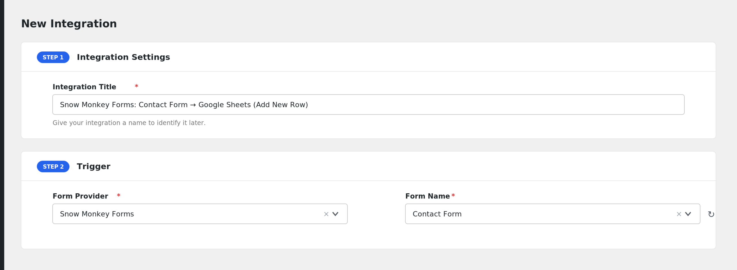 AFI Trigger section with Snow Monkey Forms selected and a form chosen in the Form/Task Name dropdown