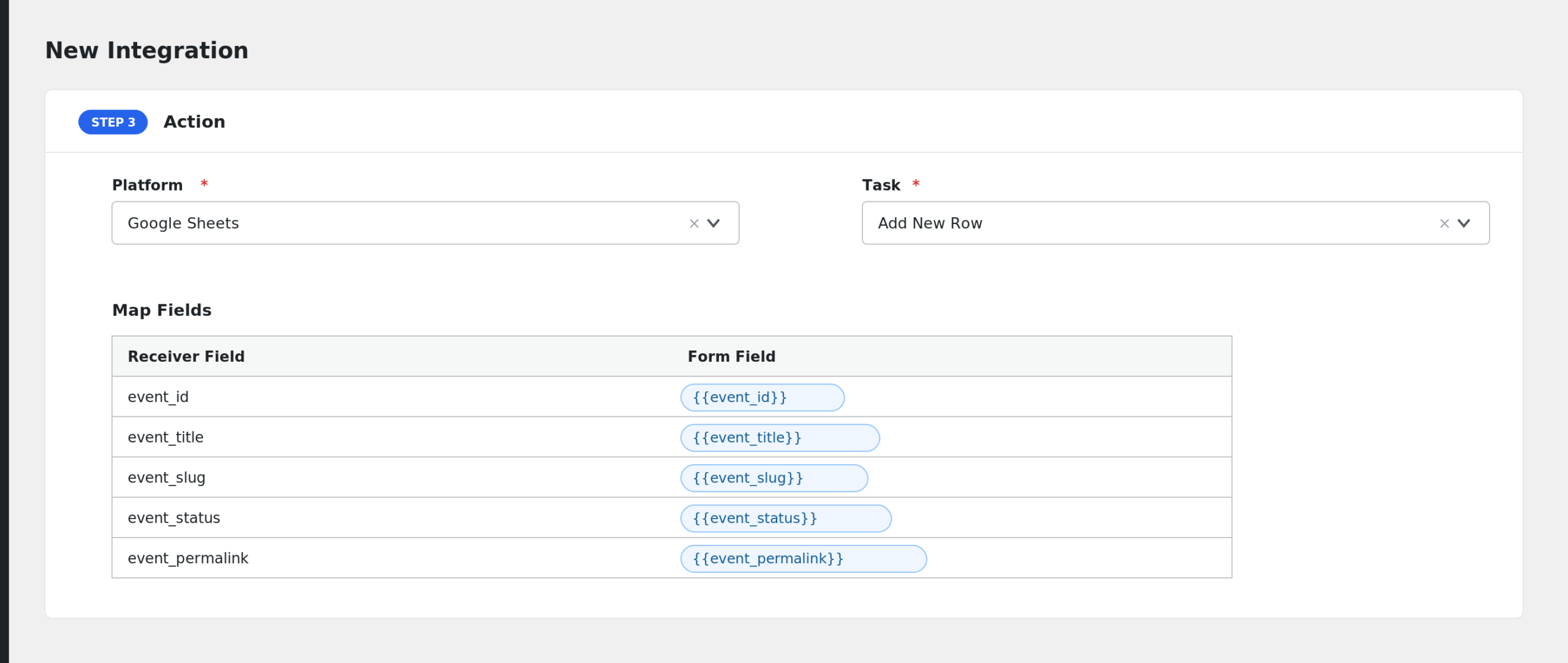 Field mapping showing Timetable event fields matched to receiver fields