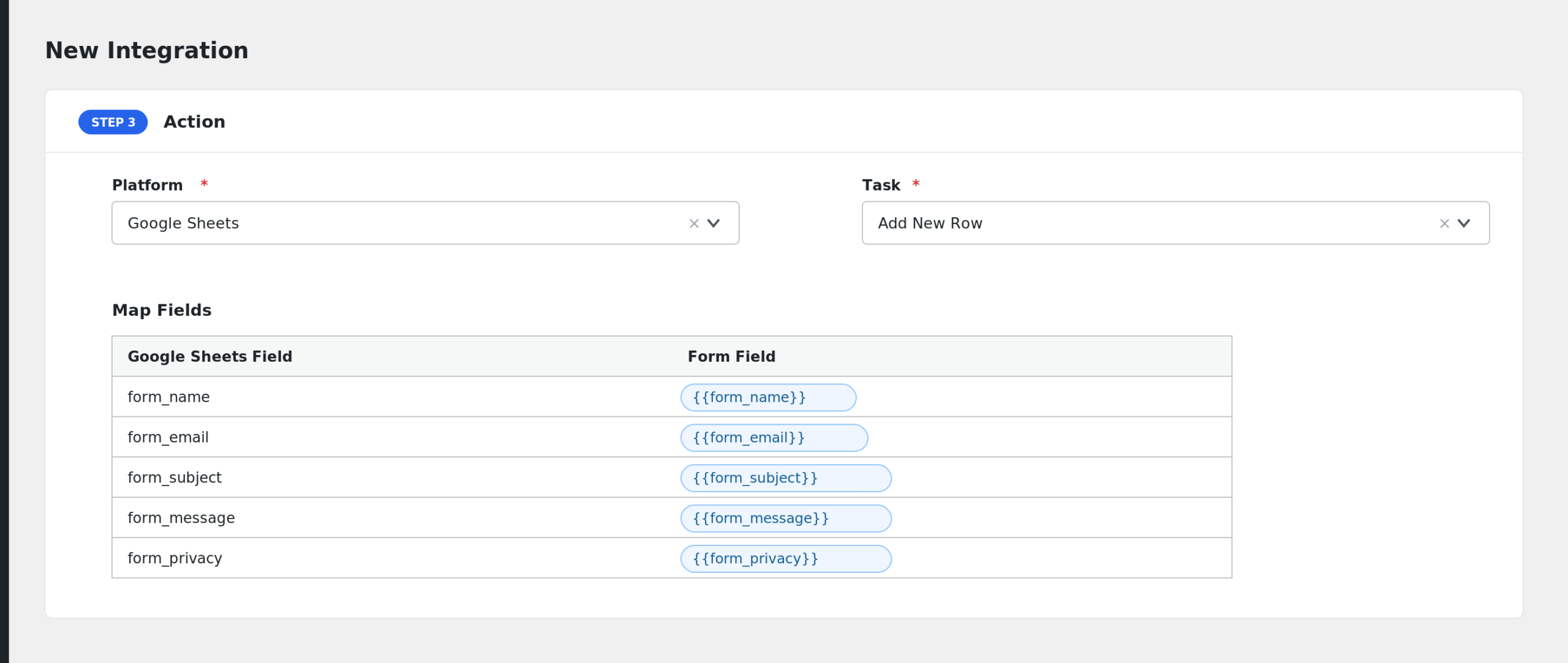 AFI field mapping screen with form_name and form_email mapped to Google Sheets columns