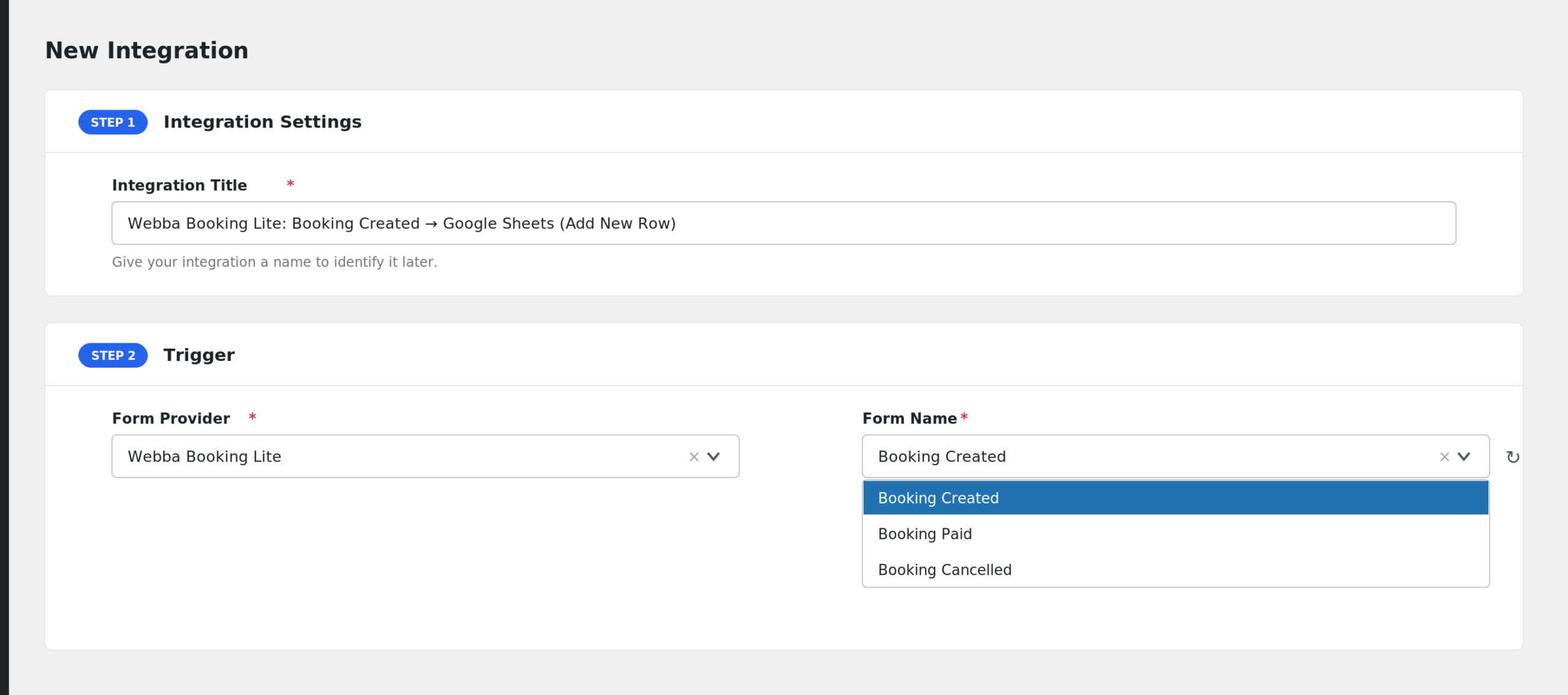 AFI New Integration screen with Webba Booking Lite selected and the three events visible in the Form/Task Name dropdown