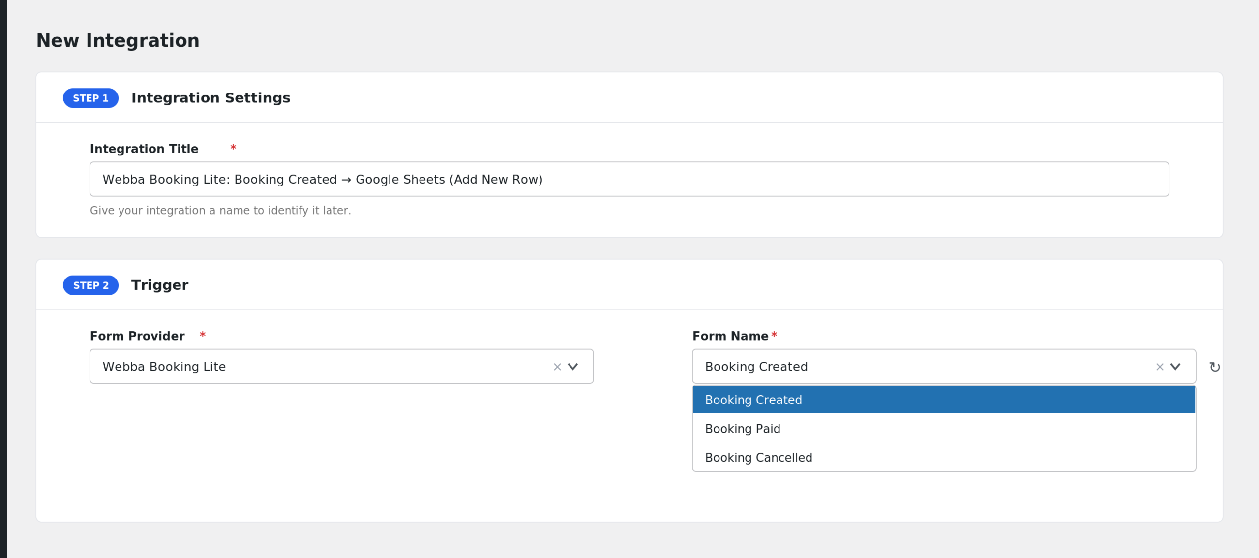 AFI New Integration screen with Webba Booking Lite selected and the three events visible in the Form/Task Name dropdown